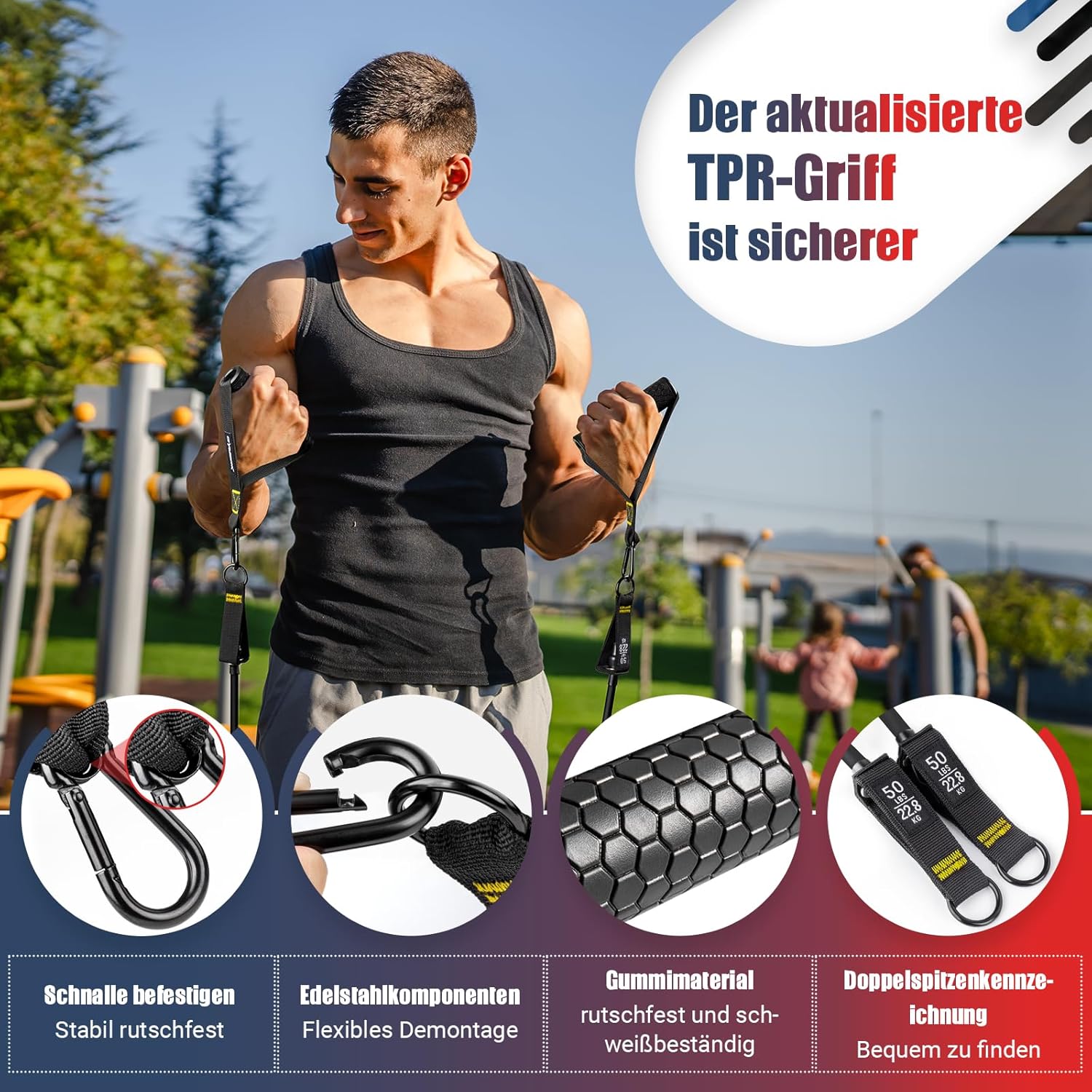 GYMERK Resistance Bands Set, Expander Fitness Mit Gummigriffe, Trainingsplakat, Knöchelriemen, Türanker, Tragtasche, 5er Verschiedene Widerstandsstufen Ideal für Krafttraining – Bild 2