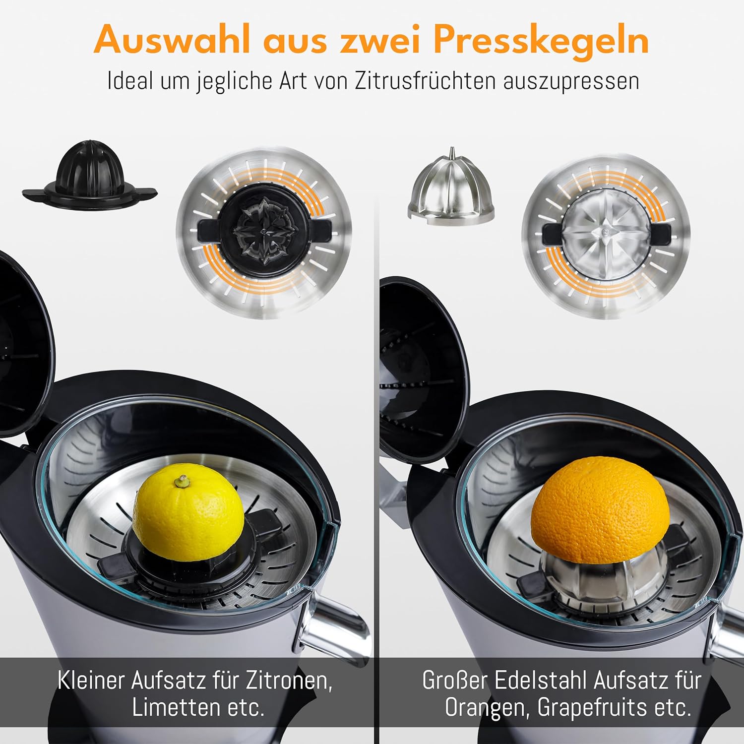 LEBENLANG Elektrischer Entsafter 600 W – inklusive Edelstahlkegel & BPA-frei I hohe Ergiebigkeit I Orangenpresse Zitruspresse Zitronenpresse I Orangenpresse Zitronen pressen – Bild 2