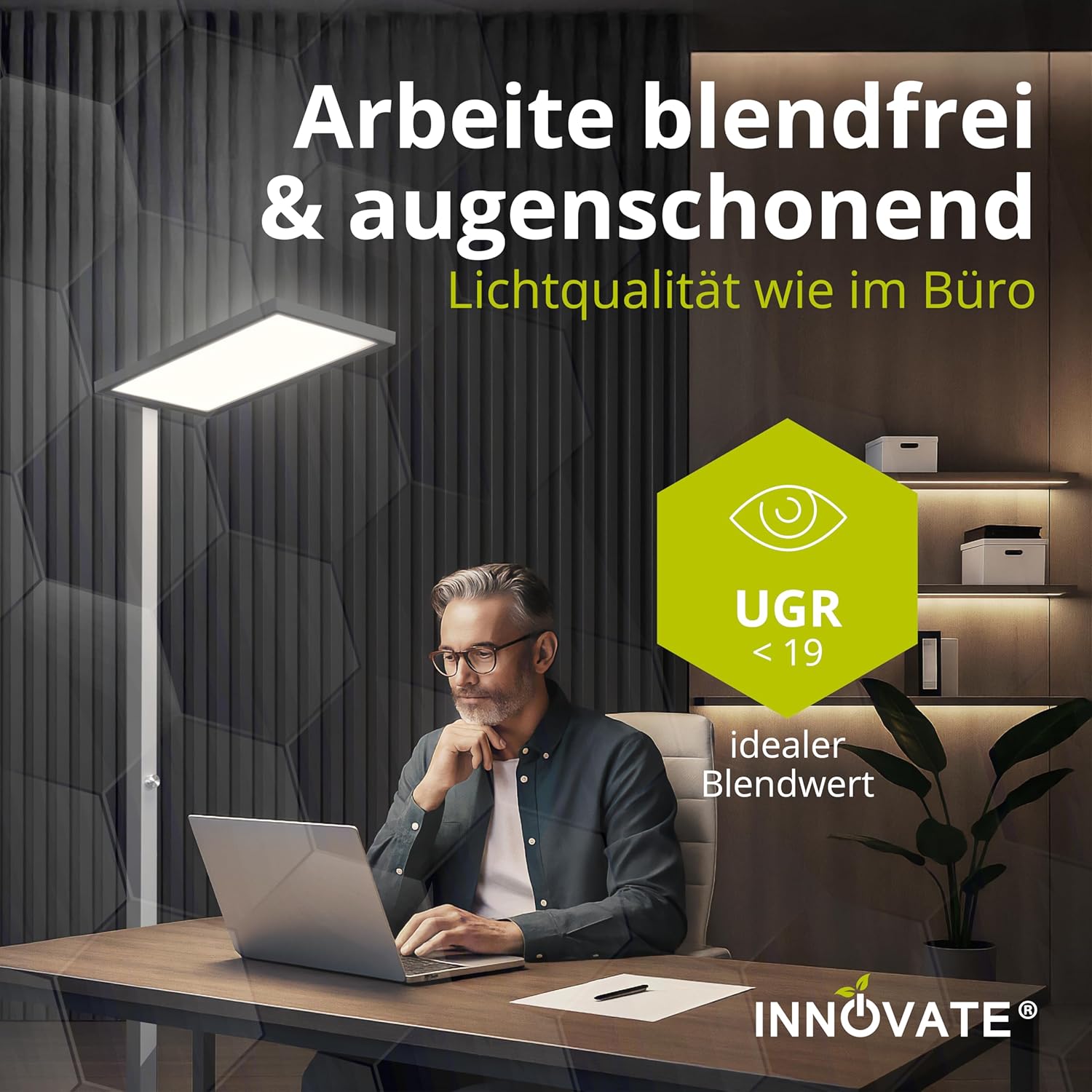 INNOVATE LED Stehlampe Büro dimmbar mit Uplighter Silber (7500 lm UGR< 19 80 W) Tageslichtlampe Schreibtisch Stehlampe dimmbar I Stehleuchte LED Home Office Schreibtische & Arbeitsplätze Stehlampen – Bild 3
