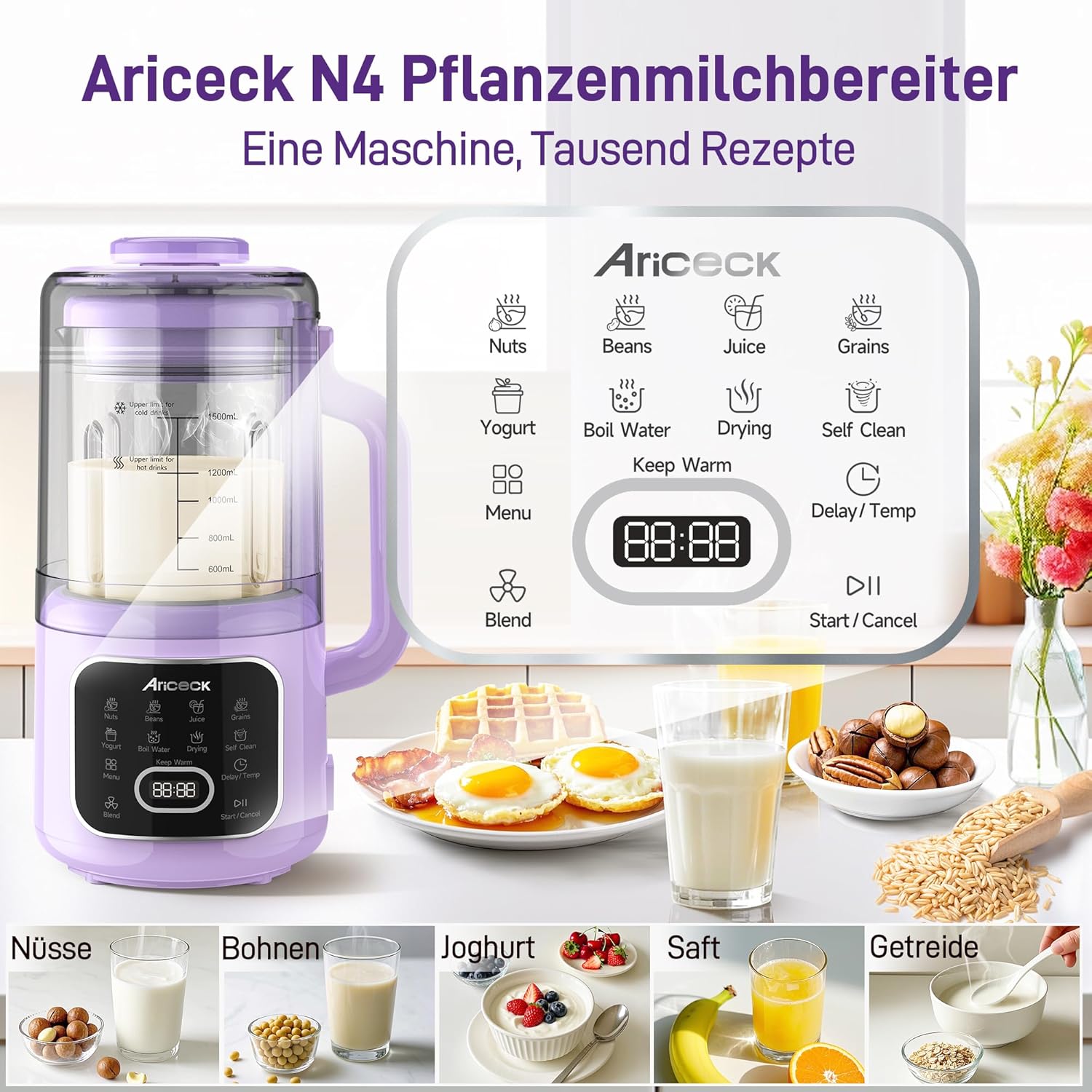 N4 Professioneller Nussmilchbereiter mit Selbstreinigungsfunktion – Ideal für Mandelmilch, Sojamilch und Smoothies – 800-W-Hochleistungsmotor – Rezeptbuch im Lieferumfang enthalten – BPA-freie Pflanzenmilch – Bild 2