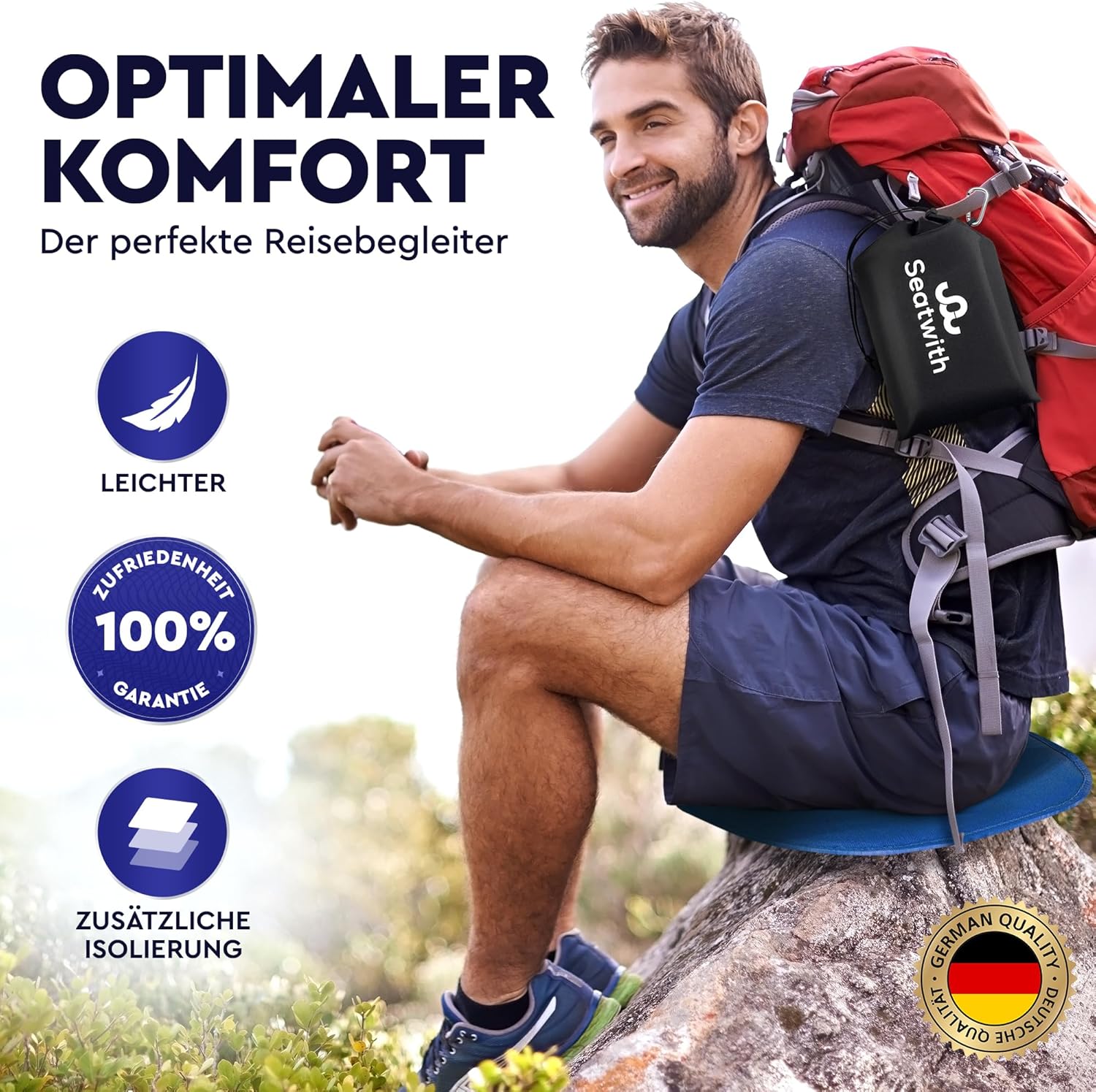 Faltbares, isoliertes Sitzkissen (40 x 40 cm) mit wärmeisolierender Aluminium-Unterseite + Tragetasche & Karabinerhaken zur idealen Befestigung am Rucksack. Maximaler Schutz vor kaltem Feuchtigkeitsschmutz – Bild 7