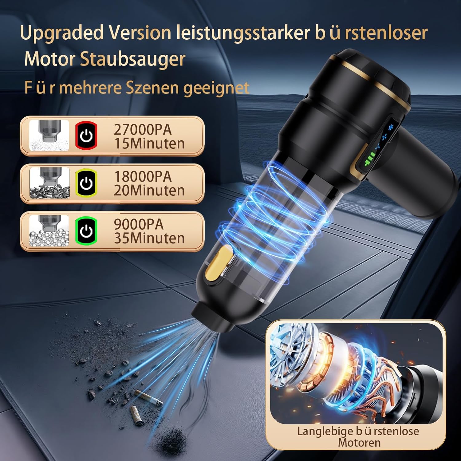 Handstaubsauger Akku, Autostaubsauger Kabellos 27000Pa Mini-Staubsauger, Wiederaufladbarer Tragbarer Leichter Autostaubsauger Stark, 220.000 U/min Elektrischer Staubbläser für Auto, Küche, PC, Sofa, Büro – Bild 2
