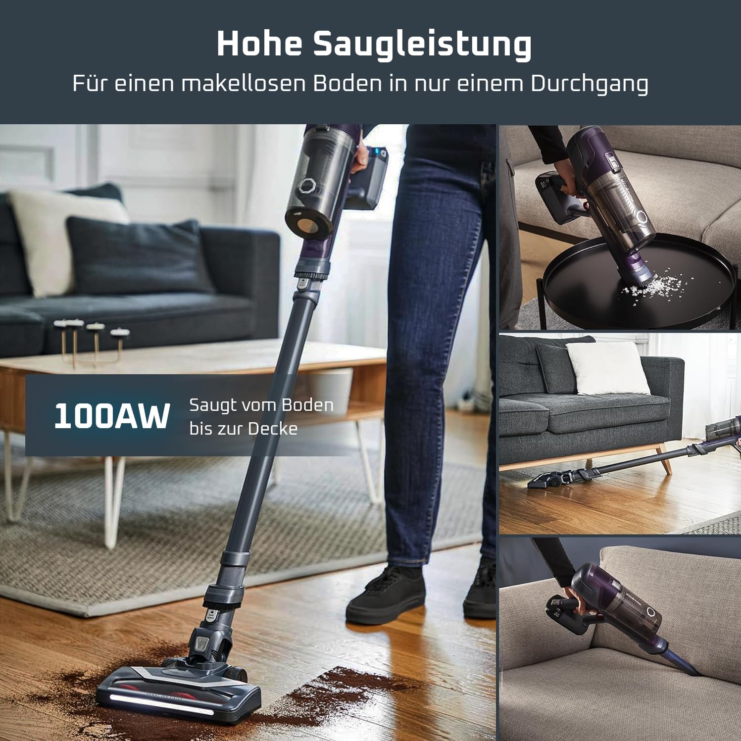 Rowenta X-Pert 6.60 Essential Akku-Staubsauger, 100 W Leistung, 45 Minuten Laufzeit, kabellos und beutellos, LED-Bürstenkopf, abnehmbarer Akku, inklusive Fugendüse und Wandhalterung, Lila/Schwarz, RH6838 – Bild 5