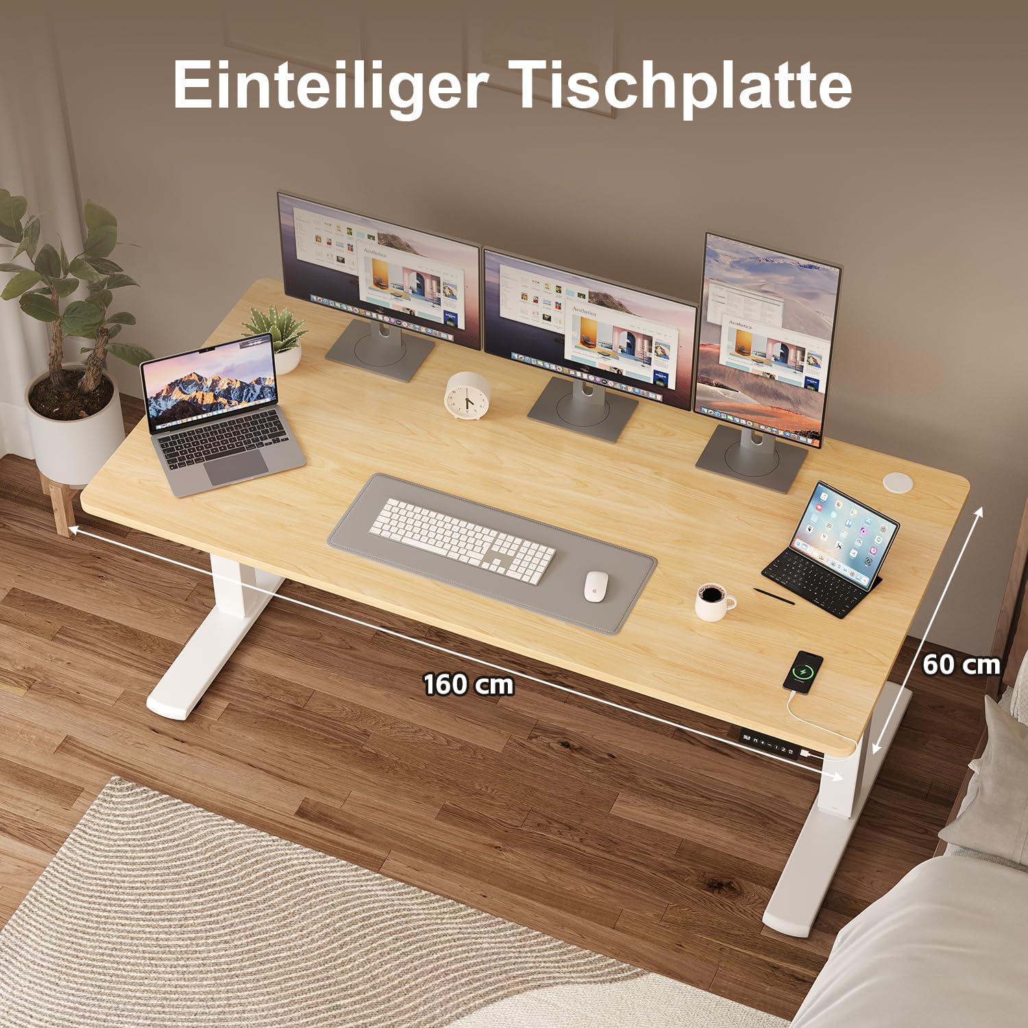 JUMMICO Elektrisch höhenverstellbarer Schreibtisch – Stehsitztisch mit Memory-Funktion & kompletter Tischplatte, Computertisch für Büro & Zuhause, 160 x 60 cm, Beige – Bild 3