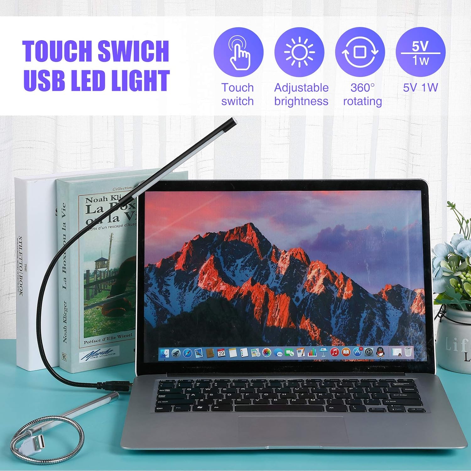 Weewooday 2 Stück USB-LED-Lampe Schwanenhals-Leseleuchten, flexible Tastaturleuchte, dimmbare LED-Tastaturbeleuchtung, Touch-Schalter, Schwanenhals-USB-Licht für Laptop, Buch, Computer (schwarz, silber) – Bild 7