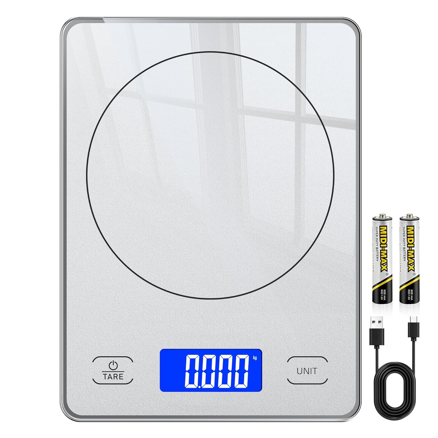 Digitale Küchenwaage mit 15 kg Tragkraft, 5 Einheiten in g/ml/fl'oz, Präzise Küchenwaage mit großem Display, Dual Power (USB-C/Batterie), 1 g hohe Präzision, Tara-Sicherheitsglas zum Backen, Kochen