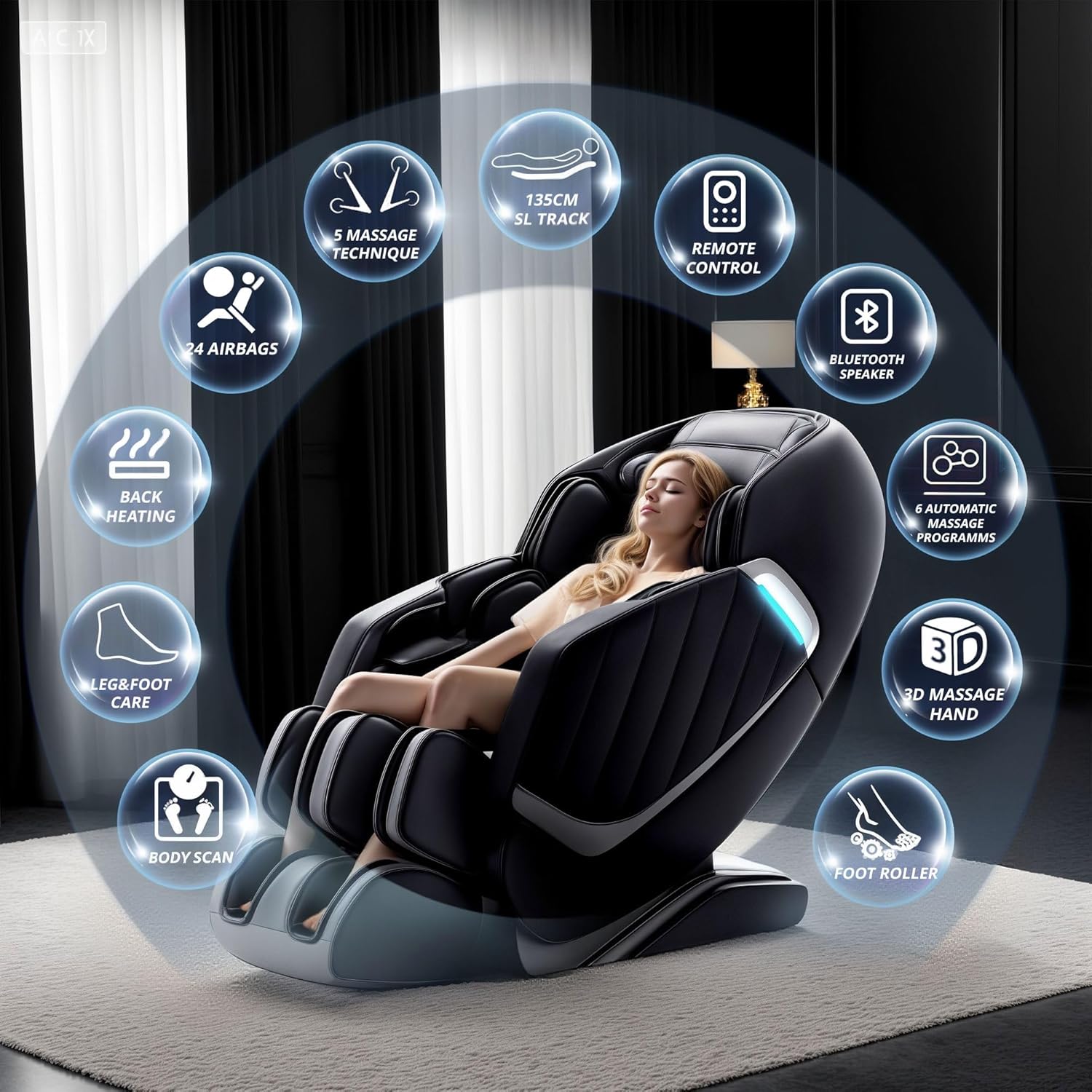 HealthRelife Massagesessel für den ganzen Körper, intelligenter Massagesessel, Zero Gravity, 3D-Roboterhände mit SL-Schiene, Entspannungssessel, Bluetooth-Lautsprecher, Schwarz – Bild 2