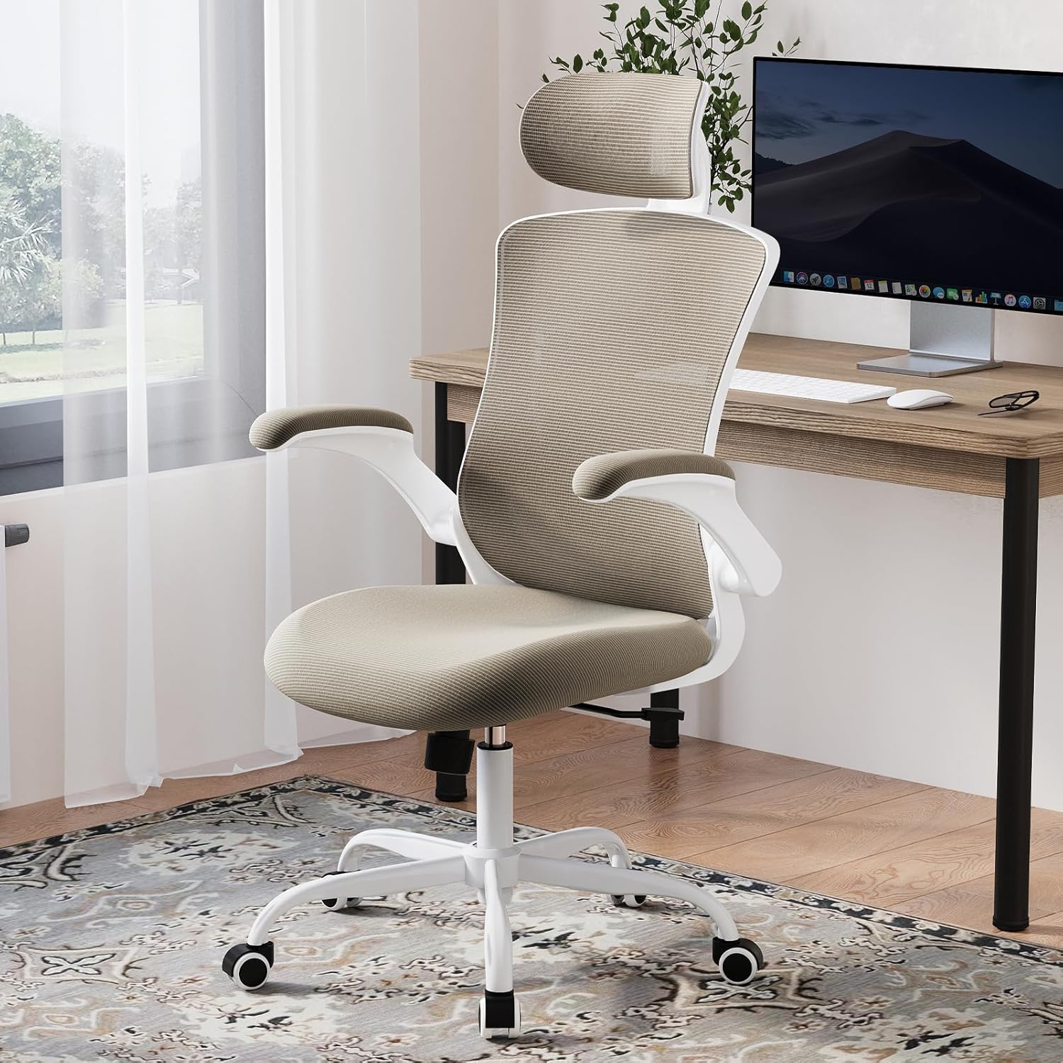 COLAMY Bürostuhl, Netz-Computerstuhl mit verstellbarer Kopfstütze und Lordosenstütze, ergonomischer Arbeitsstuhl mit hochklappbarer Armlehne, 140°-Wippfunktion, Khaki – Bild 3