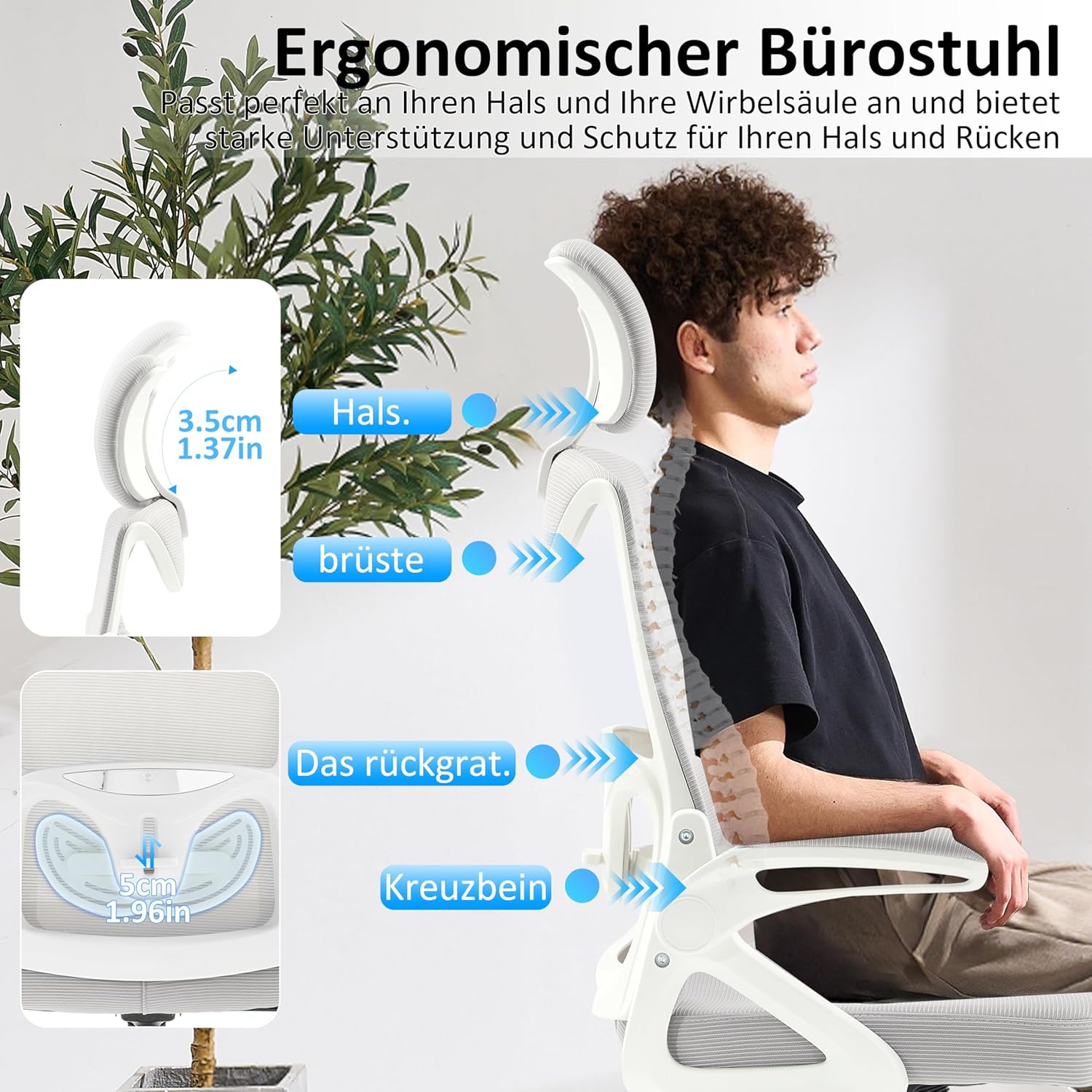 Fizzin Ergonomischer Bürostuhl, grauer Schreibtischstuhl mit verstellbarer Lendenwirbelstütze und Kopfstütze, atmungsaktives Netzgewebe für Heimbüro und professionelle Arbeitsplätze – Bild 8