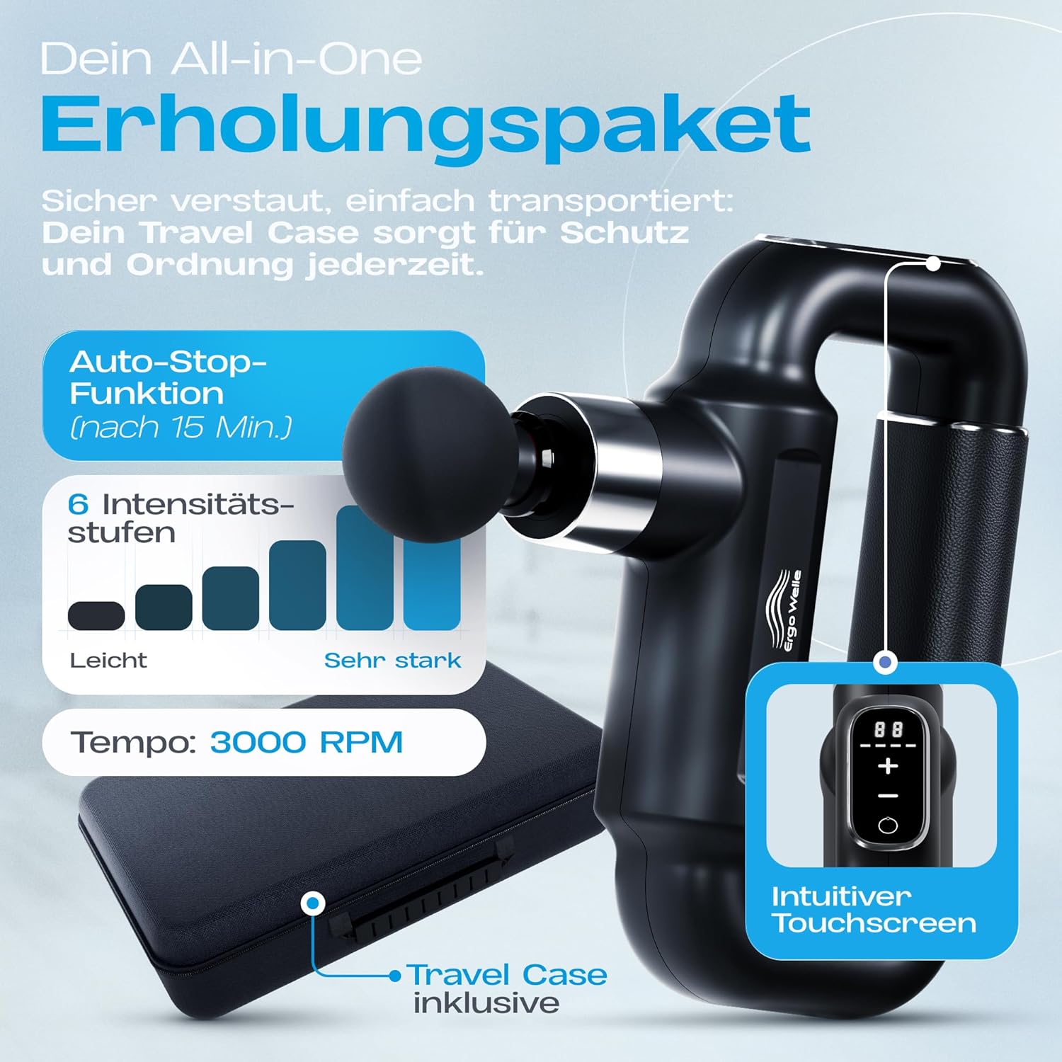 Massagepistole mit Riemen – Massagepistole mit Kühlkopf und Tragetasche | 6 Ebenen, 5 Aufsätze, LCD-Touchscreen und USB-C | Muskelpistole, Rückenmassagegerät, Stoßwellentherapiegeräte, Faszienpistole – Bild 7