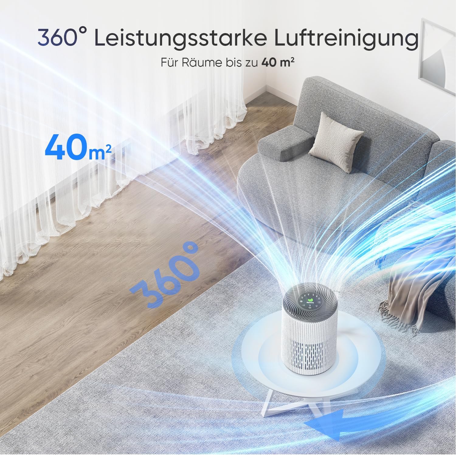 DAYETTE Tragbarer Luftreiniger für Allergiker mit Duftschwamm und blauem Nachtlicht, Timer, Schlafmodus (20 dB), HEPA-Luftfilter gegen Schimmel, Staub, Pollen, Gerüche, Tierhaare – Bild 3