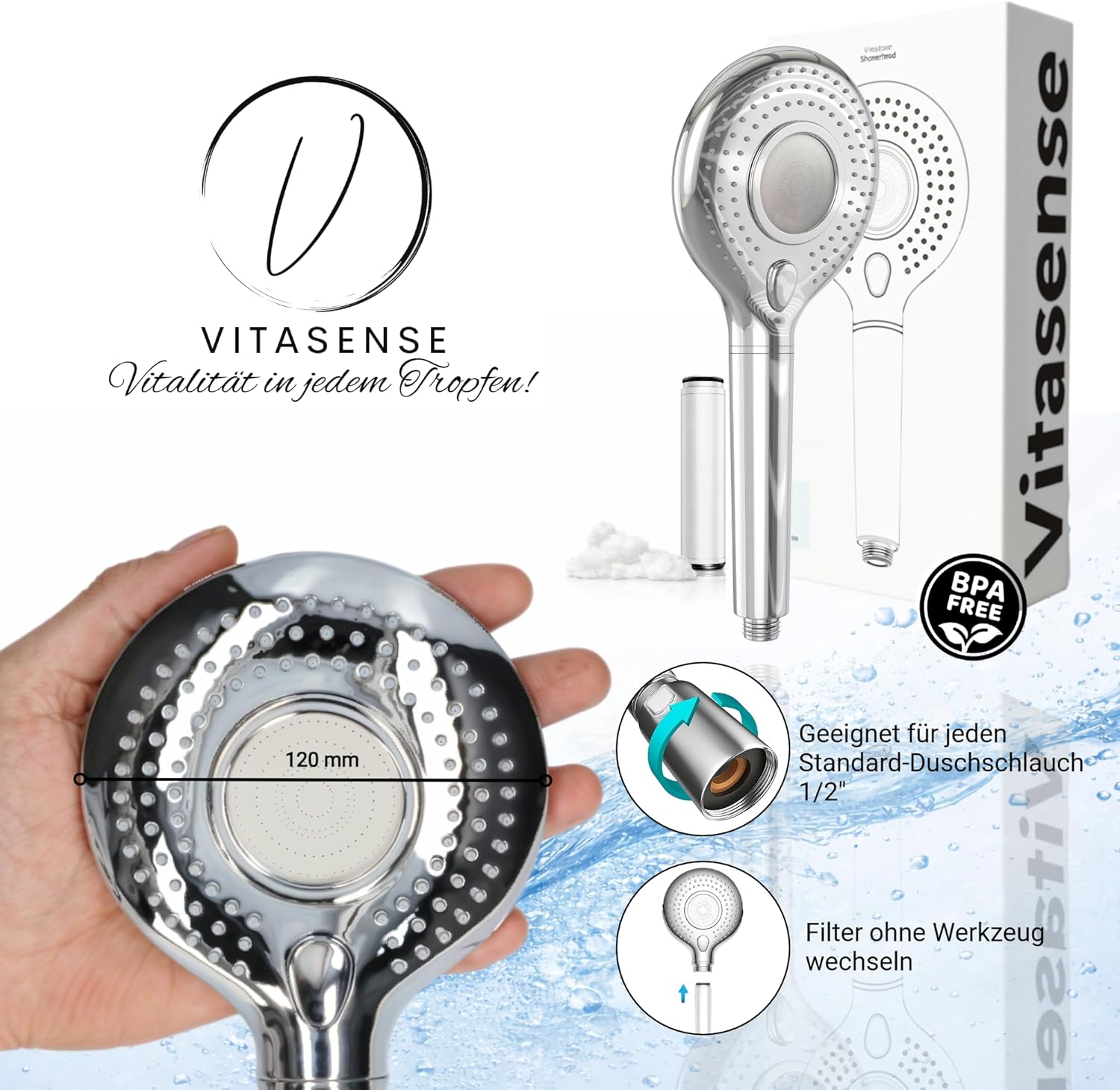Duschkopf mit Filter – Regendusche mit Kalkfilter, 3 Wassersparstufen, universeller Duschkopf mit hohem Wasserdruck, wassersparender Duschkopf, Duschfilter, Chrom – Bild 6