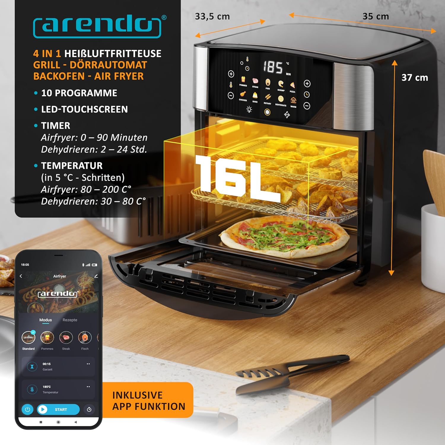 Arendo – XXL Smart WiFi Heißluftfritteuse – extra groß, 16 Liter – Ofenkonvektion – Grill – Dörrgerät – Luftfritteuse – Touchscreen – einfach und sauber – Fritteuse ohne Öl – Pizza-Hähnchen-Pommes – BPA-frei – Bild 2