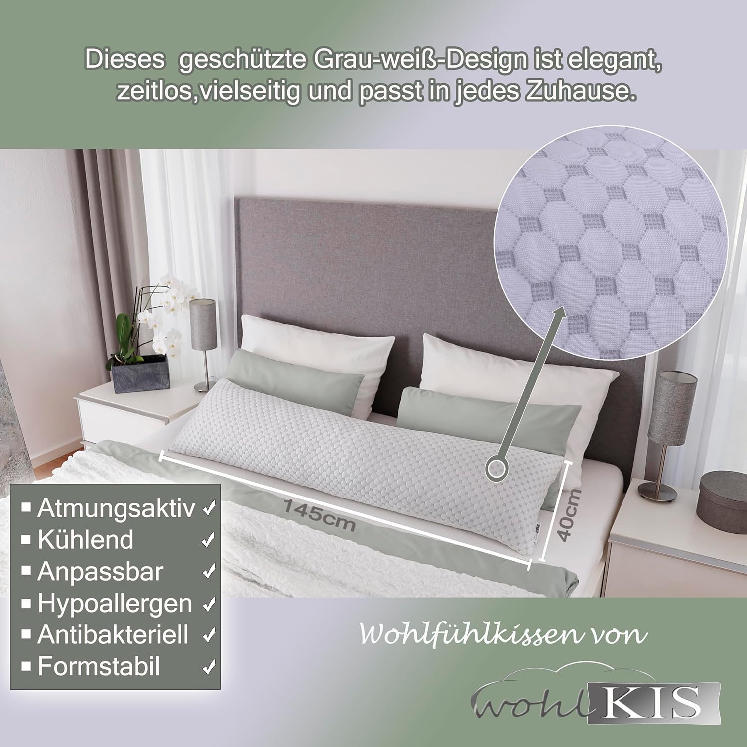 Seitenschläferkissen mit Bezug 40 x 145 cm – kühlendes Schwangerschaftskissen – Stillkissen mit Memory-Schaum – orthopädisches Kissen – Schwangerschaftskissen – Körperkissen – Schlafkissen – Bild 5