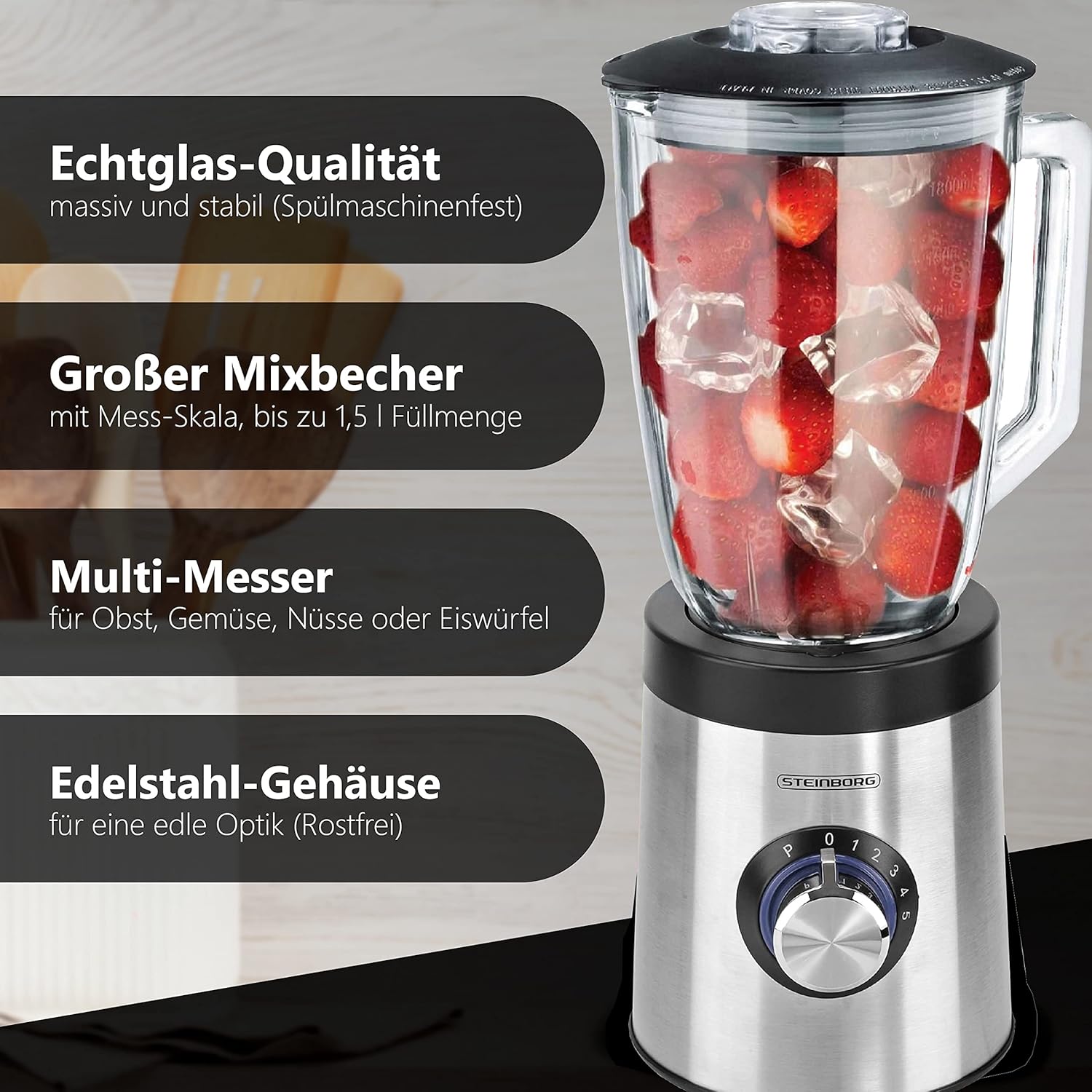 Standmixer 800 Watt, 6-fach Metallmesser, 1,5 Liter, 5 Stufen, Glas, Edelstahl, Pulse-Funktion, Universal-Powermixer, Protein-Shaker, Handmixer, Eis-Crusher, Zerkleinerer, Smoothie-Maker, Standmixer – Bild 2