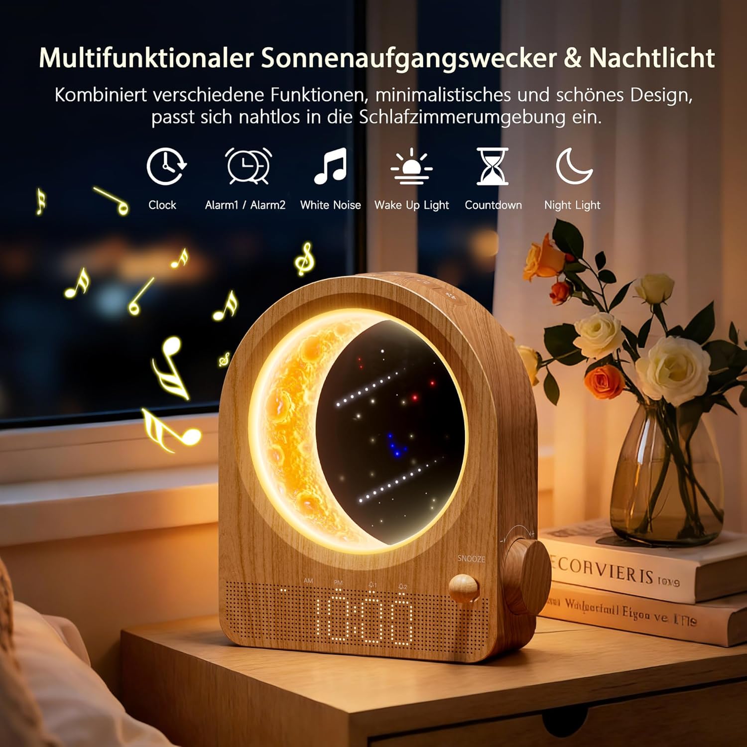 blonbar Wecker & Mondlampe, Nachttischlampe mit Lichtwecker, Tageslichtwecker, Nachtlicht mit 3 Helligkeitsstufen, 10 Naturgeräuschen, ideal für Schlafzimmer – Bild 3