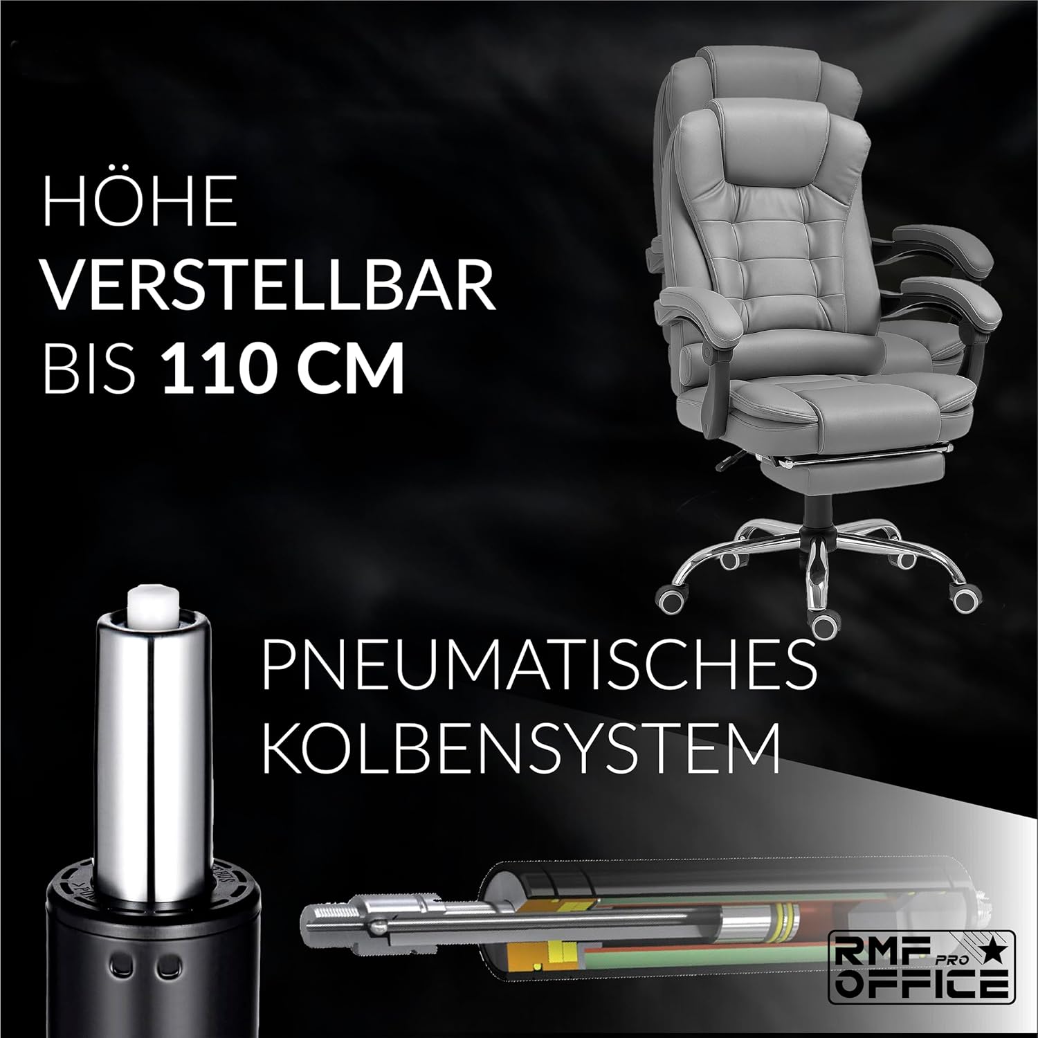 RMF Ergonomischer Profi-Bürostuhl, neigbarer, bequemer und entspannender Schreibtischstuhl mit Fußstütze, Liegestuhl mit drehbaren Rädern, höhenverstellbar, Grau – Bild 6