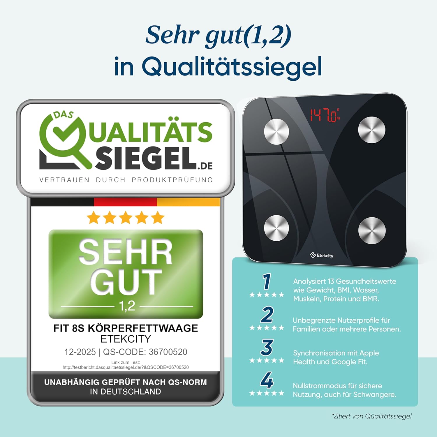 Etekcity Digitale Personenwaage mit Körperfett und Muskelmasse, 180 kg Körperfettwaage, Fitnesswaage, 13 Körperwerte, Körperfett, BMI, Muskelmasse, Protein, BMR, Schwarz – Bild 2