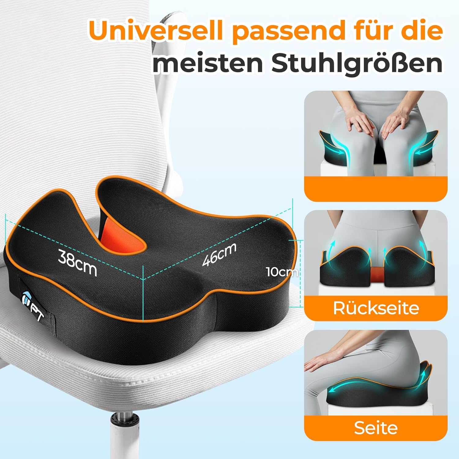 Sitzkissen – bequemes Sitzkissen für Bürostühle, Autositze, Rollstuhl, Gaming-Stuhl, bequeme Unterstützung für langes Sitzen, atmungsaktiv mit rutschfester Unterseite (schwarz) – Bild 6