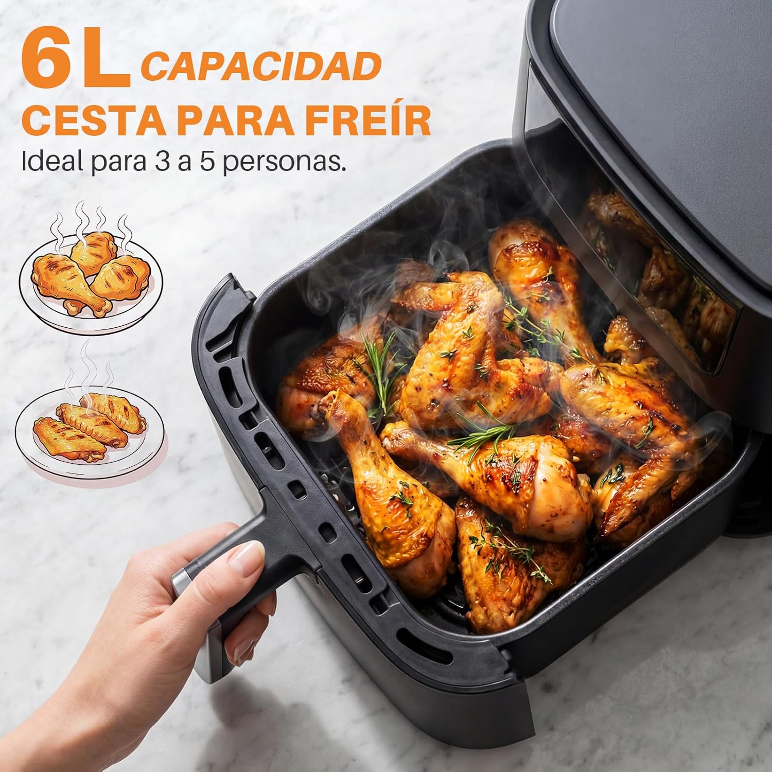 OKYUK Heißluftfritteuse 6L Airfryer XL - 1200W Fritteuse ohne Öl mit Metallinnenraum | Heißluftfritteuse, Heißluftfritteuse, 8 Programme, digitales LED-Display, Timer, benutzerfreundlich, 80–200 °C – Bild 4