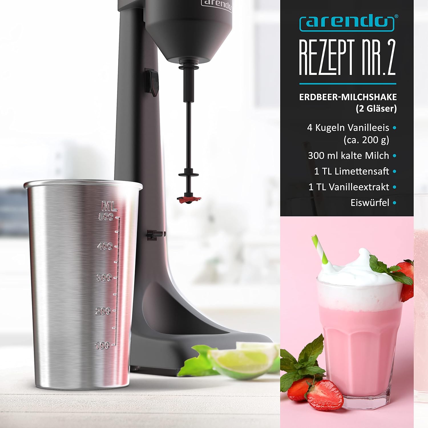 Arendo – Getränkemixer – Protein-Shaker – Getränkemixer – elektrischer Standmixer – 500-ml-Becher – 22.000 U/min – 2 Geschwindigkeitsstufen – Fitness-Proteingetränke, Smoothies, Milchshakes, Cocktails – Bild 5