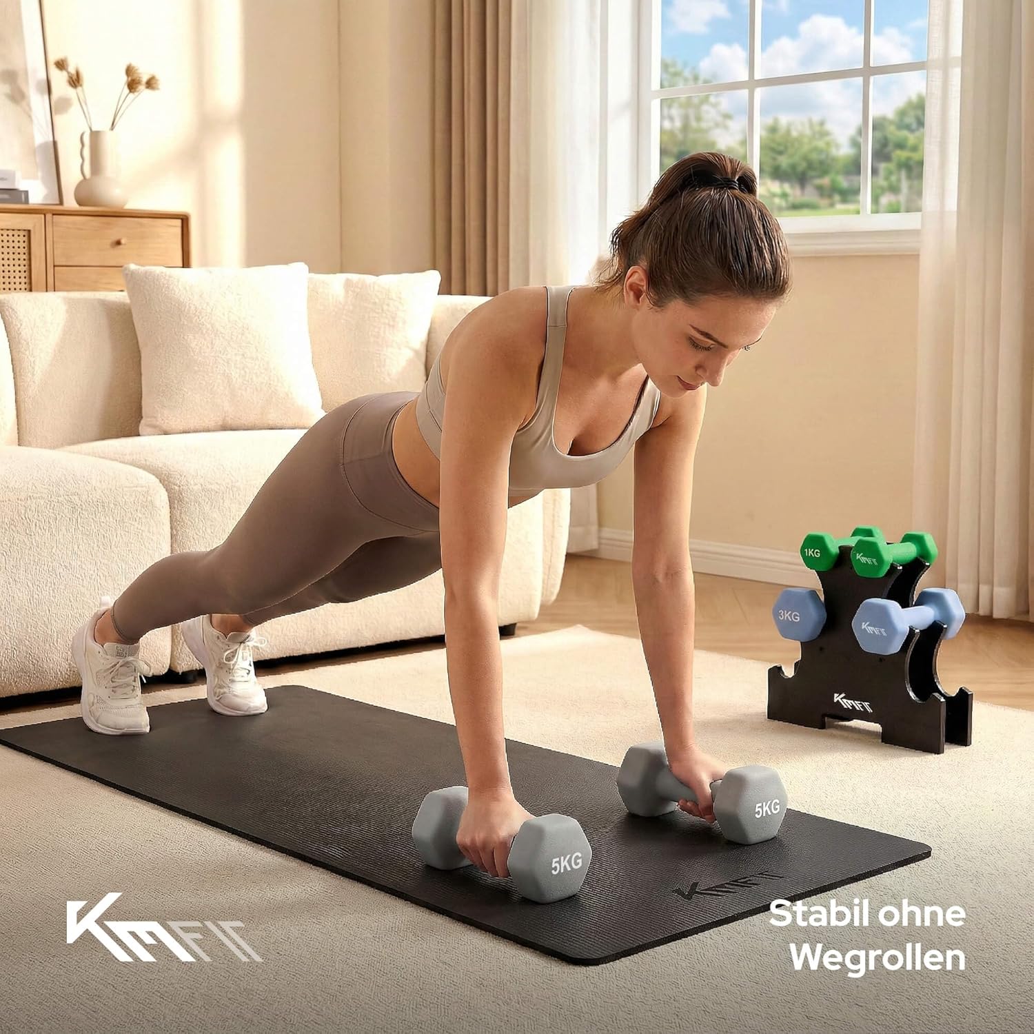 KM-Fit Hantelset 18 kg mit Ständer, Neoprenhanteln 1-5 kg, Gusseisen, ergonomischer Griff, rollsicheres Fitness- & Krafttraining für das Home Gym – Bild 6