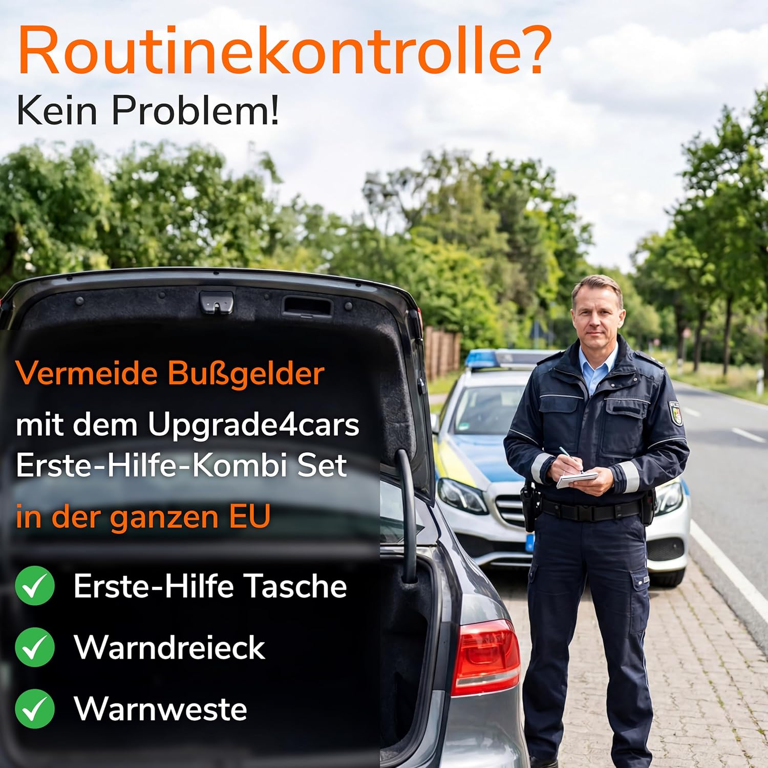 Upgrade4cars Kfz-Verbandskasten 2026 mit Warndreieck & Warnweste nach aktueller Norm DIN 13164, europaweit gültige Kfz-Kombitasche, Erste-Hilfe-Pannenset, Unfallzubehör – Bild 4