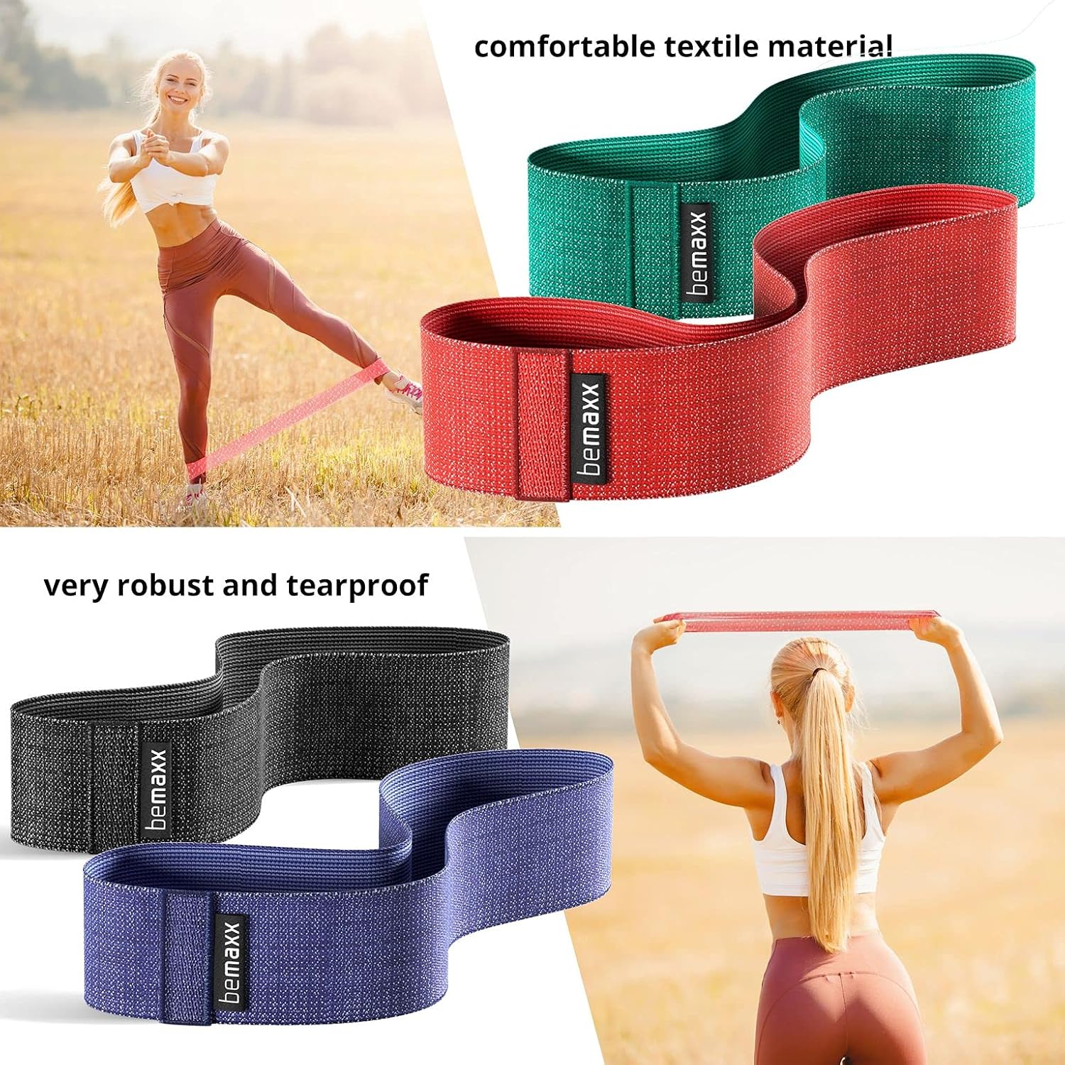 Fitnessband-Set, Latex-/Stoffschlaufen-Widerstandsbänder mit Trainings-eBook (Englisch nicht garantiert), Übungsband, Fitness-Sport-Workout, Krafttrainingsband, elastisches Trainingsband, Miniband, Crossfit, Yoga – Bild 4