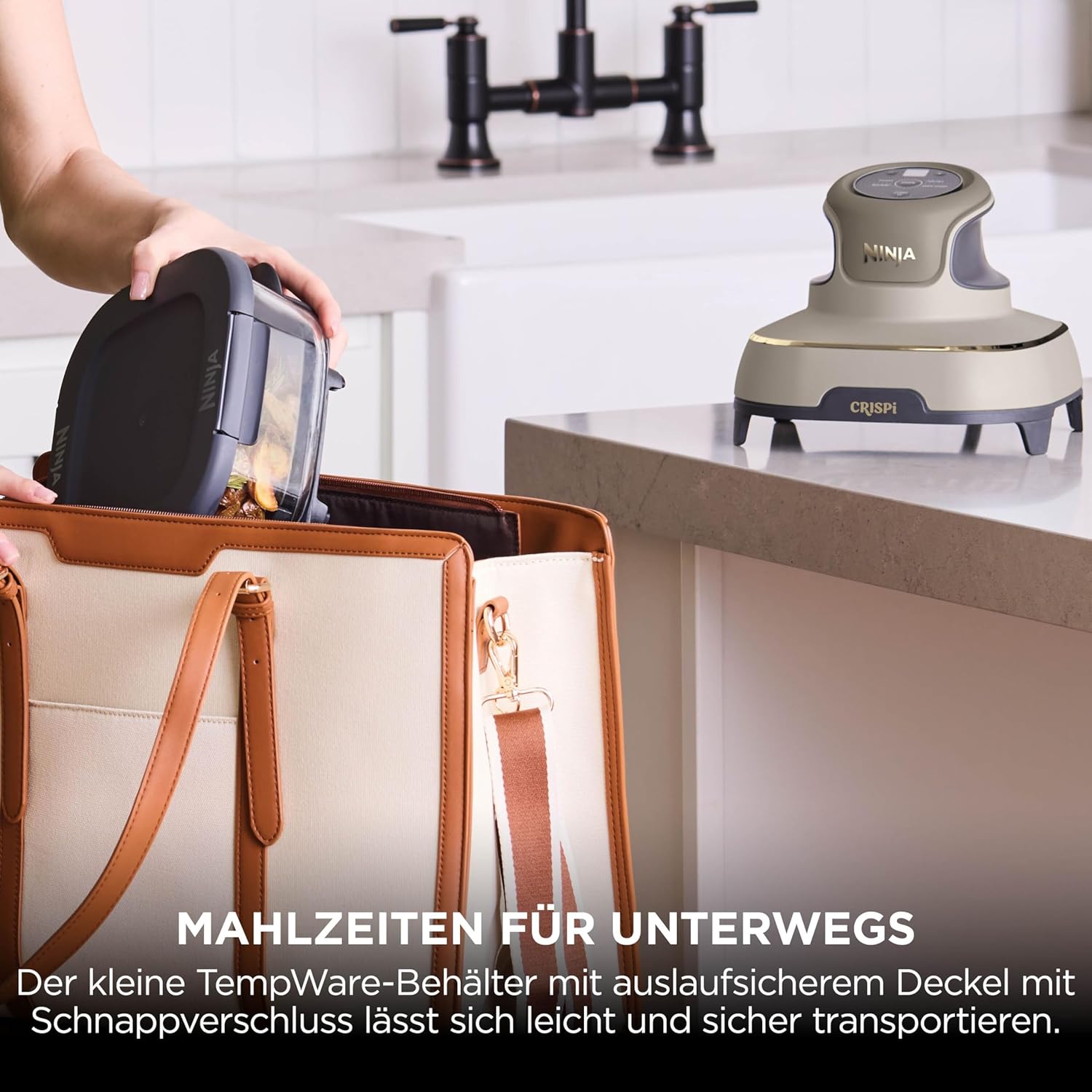 Tragbare Heißluftfritteuse Ninja CRISPi, 3,8 l, 4-in-1: Heißluftfrittieren, Rösten, Warmhalten, erneut knusprig, 6 Portionen, 2 abnehmbare Glasbehälter und Deckel, 1700 W, Steingold FN101EUSTGD – Bild 10