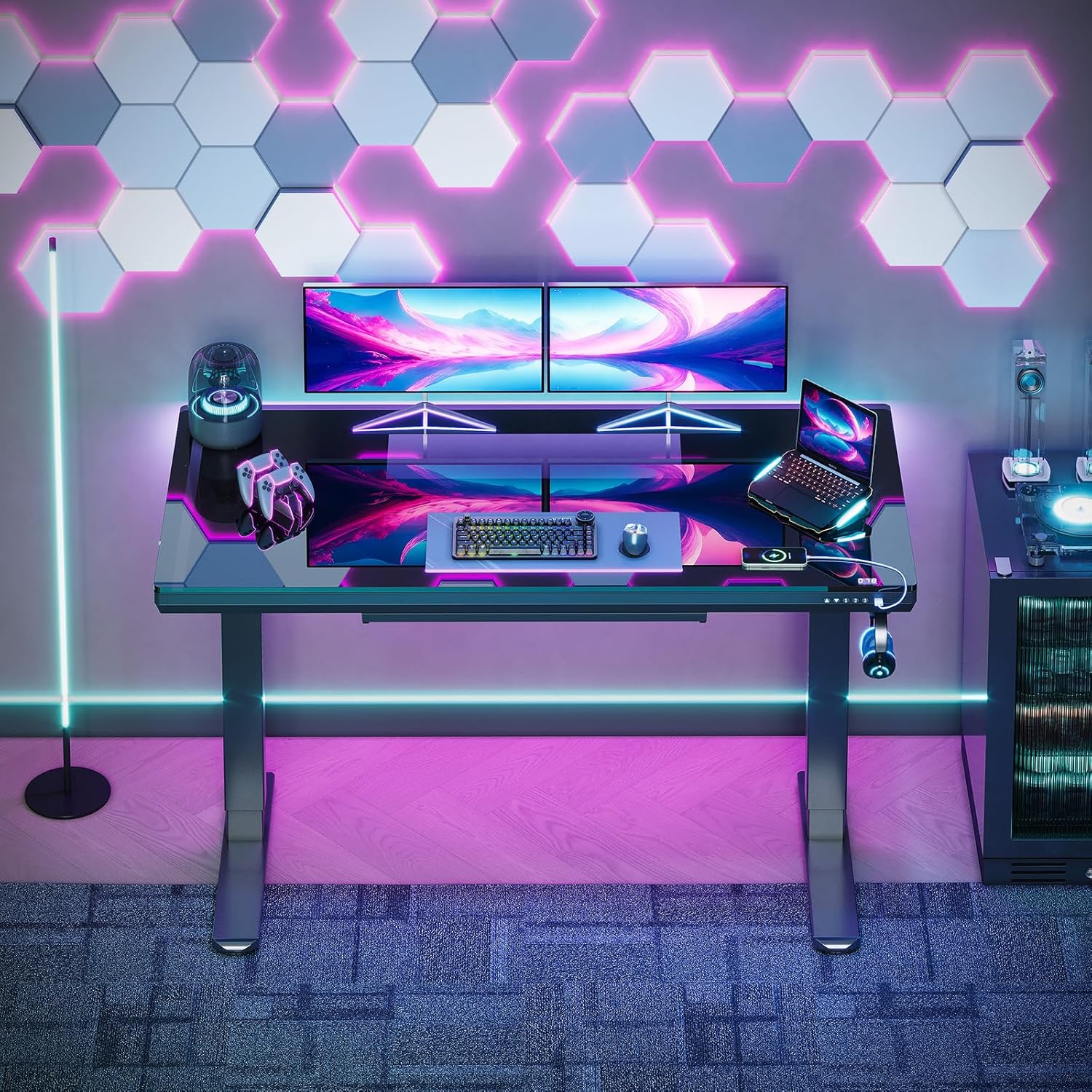 OffiGo Glas höhenverstellbarer Schreibtisch, 140 x 60 cm, elektrischer Schreibtisch mit Schublade, ganze Tischplatte mit USB und Typ-C, Stehpult, Stehsitz, Glastisch für Home Office, Büro, Schwarz – Bild 3