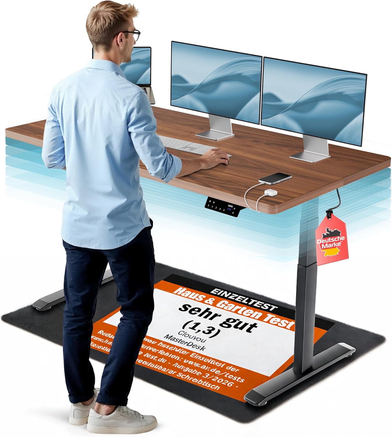 CLOUVOU MasterDesk höhenverstellbarer elektrischer Schreibtisch 160 x 80 cm (Testsieger). Dualmotorischer Schreibtisch, höhenverstellbarer elektrischer Schreibtisch mit Speicher, 2 x USB und Kabelversteck