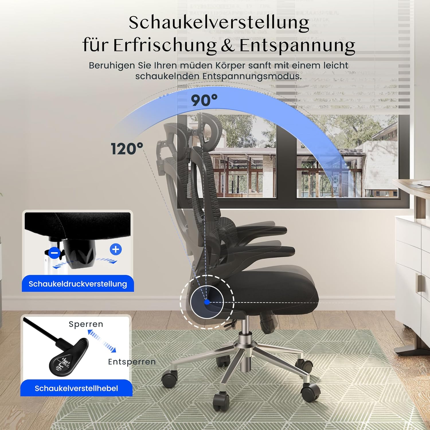 FLEXISPOT Ergonomischer Bürostuhl, Schreibtischstuhl mit 2D-Kopfstütze, klappbaren Armlehnen & dynamischer Lordosenstütze, Stuhl mit 120°-Wippfunktion für Home Office, Arbeitszimmer, Büro (Schwarz) – Bild 3