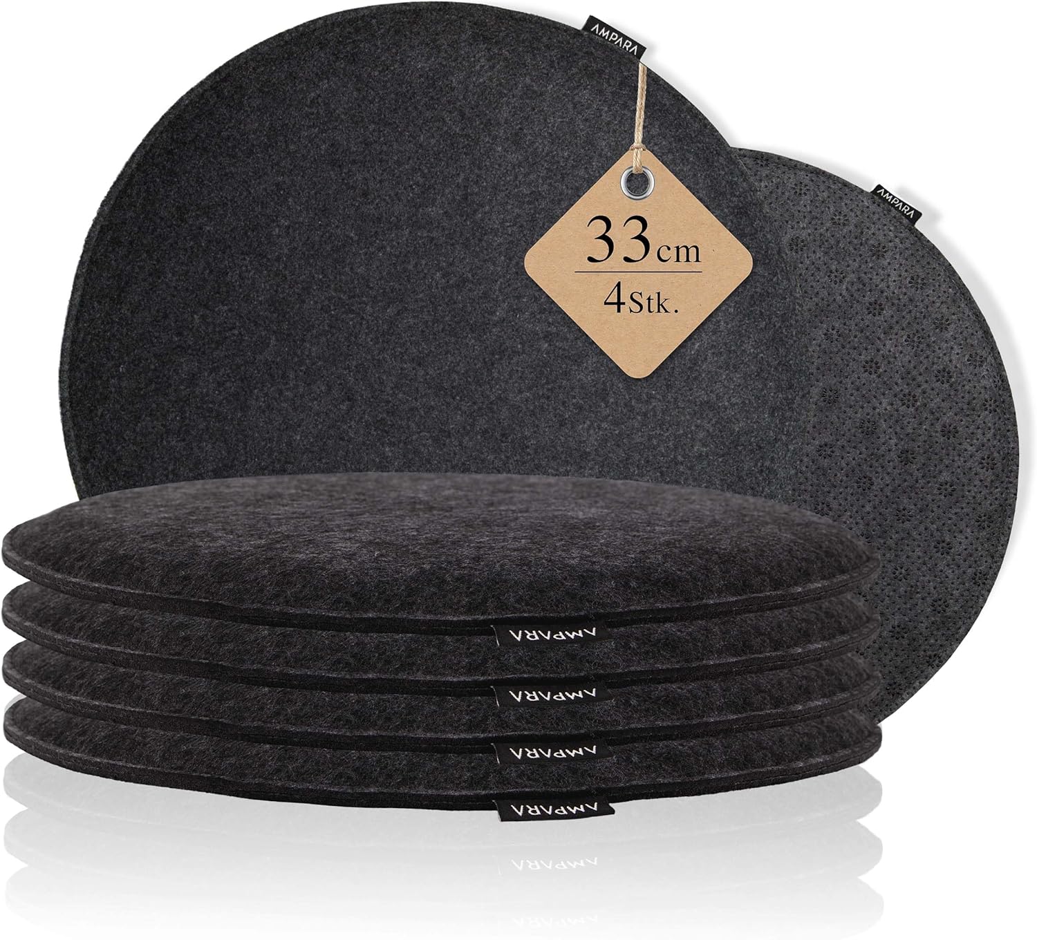 4er-Set Stuhlkissen rund 33 cm – rutschfest & gemütlich – Sitzkissen aus Filz rund | für Stuhl, Bank, Hocker etc. (Dunkelgrau)