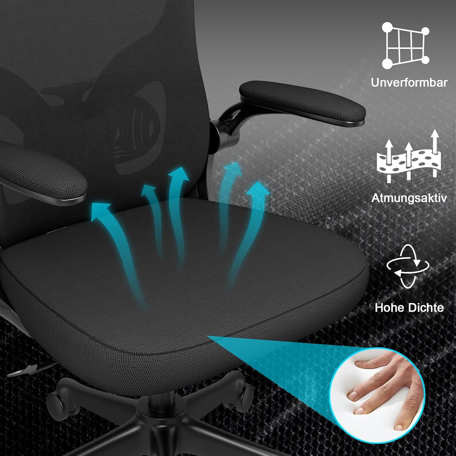 naspaluro Ergonomischer Bürostuhl mit atmungsaktivem Netzbezug, Schreibtischstuhl mit verstellbaren Armlehnen, Kopfstütze, Lordosenstütze, Rückenlehne, Höhenverstellung, 360°-Drehstuhl, Dunkelschwarz – Bild 5