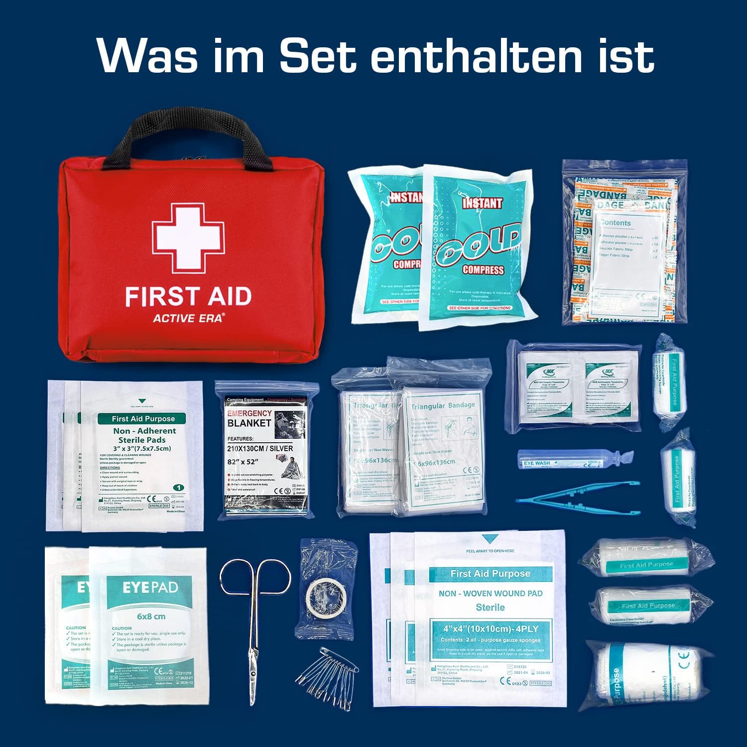 Premium-Erste-Hilfe-Set mit Sofort-Kühlakkus, Augenspülung, Rettungsdecke für Zuhause, Büro oder Auto, Rot – Bild 3