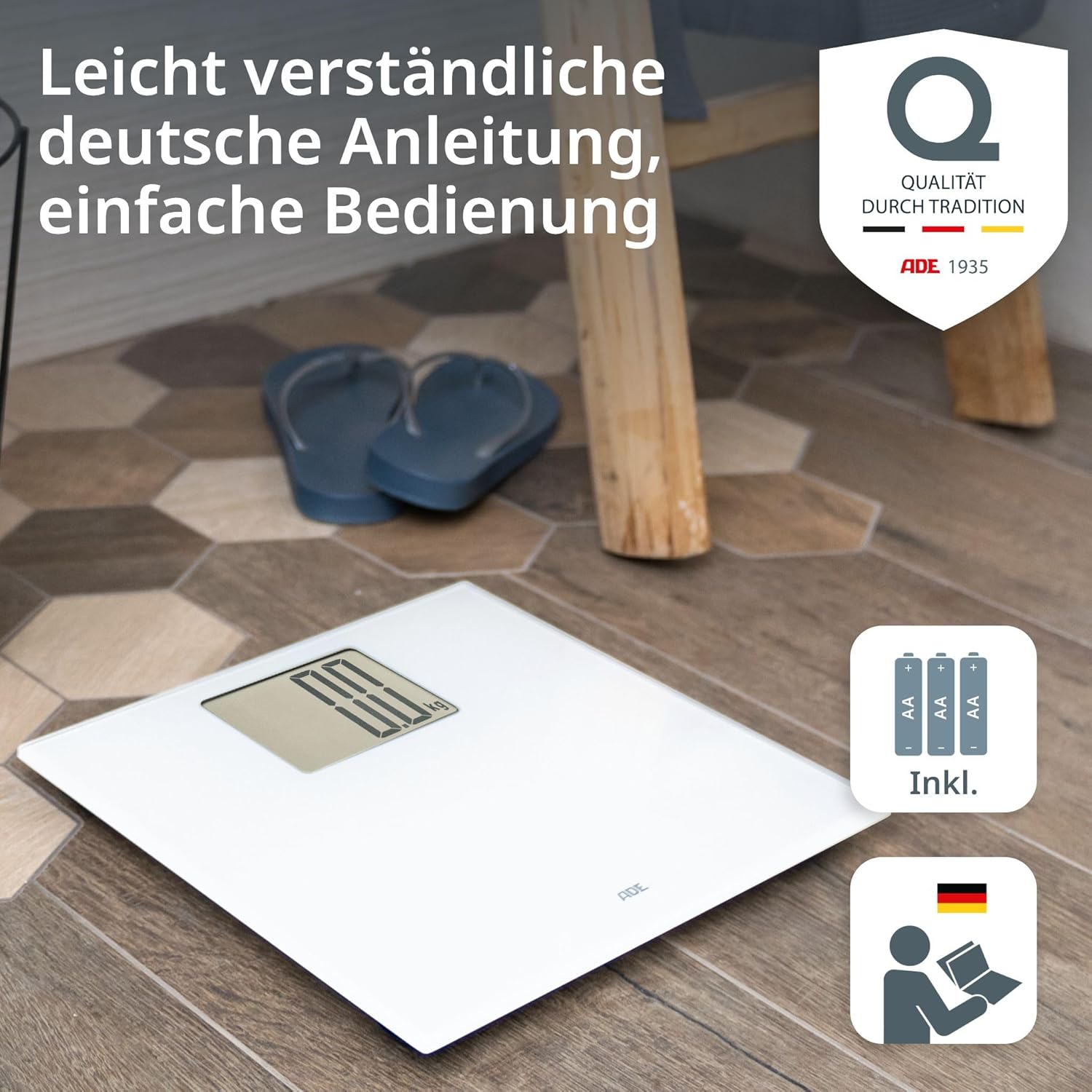 ADE Digitale Personenwaage mit XXL-Display | 200 kg Tragkraft | Besonders gut ablesbare Körperwaage | Ideal für Brillenträger, Senioren | Personenwaage Weiß – Bild 7