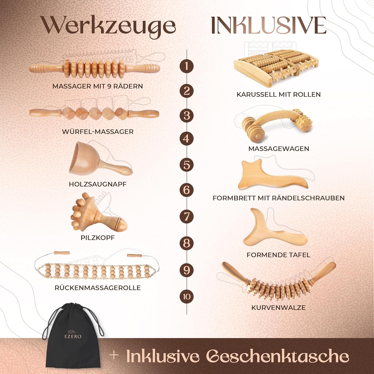 Ezero Maderotherapie-Set 10-teilig mit Tasche und Anleitung – Maderotherapie-Holz mit Faszienstab-Holz – Massageset mit Massageroller-Beinen, Faszienrolle, Körper-Gua-Sha und Madero-Massage – Bild 3