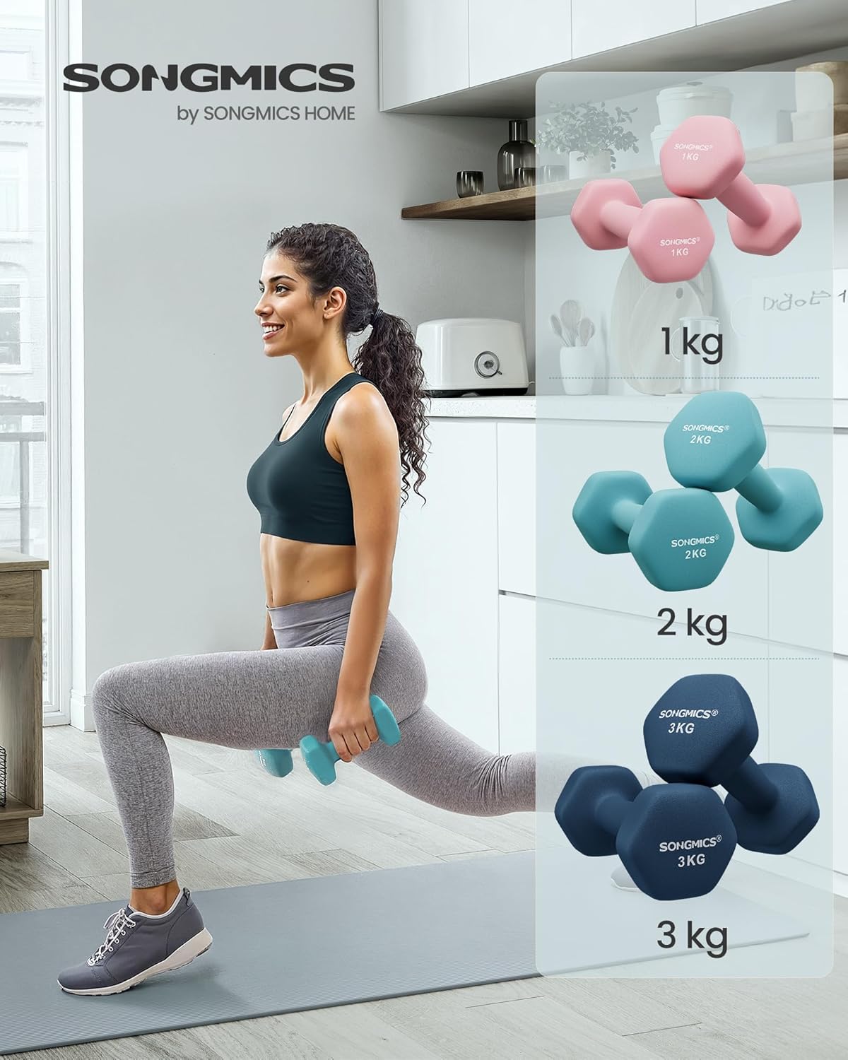 SONGMICS Hantel-Set, 3 Paar, 1kg-3kg, 9kg oder 12kg, Aufbewahrung, Fitnessstudio, Krafttraining, rutschfeste Neopren-Beschichtung – Bild 2