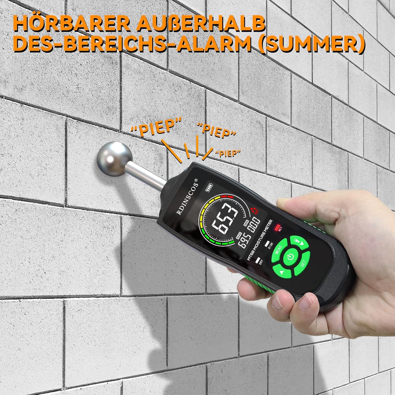 RDINSCOS Feuchtigkeitsmessgerät – Wand-Feuchtigkeitsmessgerät und Holz-Feuchtigkeitsmessgerät, zerstörungsfreie Messung, Gebäude-Feuchtigkeitsmessgerät für Holz, Wand, Decke, Boden, Wohnmobil – Bild 2