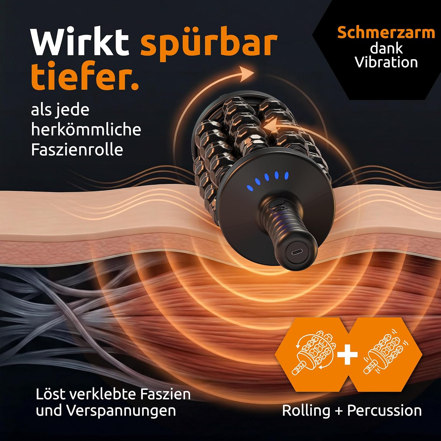 Elektrischer Faszienroller – 8 rotierende Rollen mit Klopfmassage statt Bodengymnastik – Elektrischer Massageroller mit Griff & Fußstation – Tiefenroller für Rücken, Nacken & Beine (Schwarz) – Bild 3