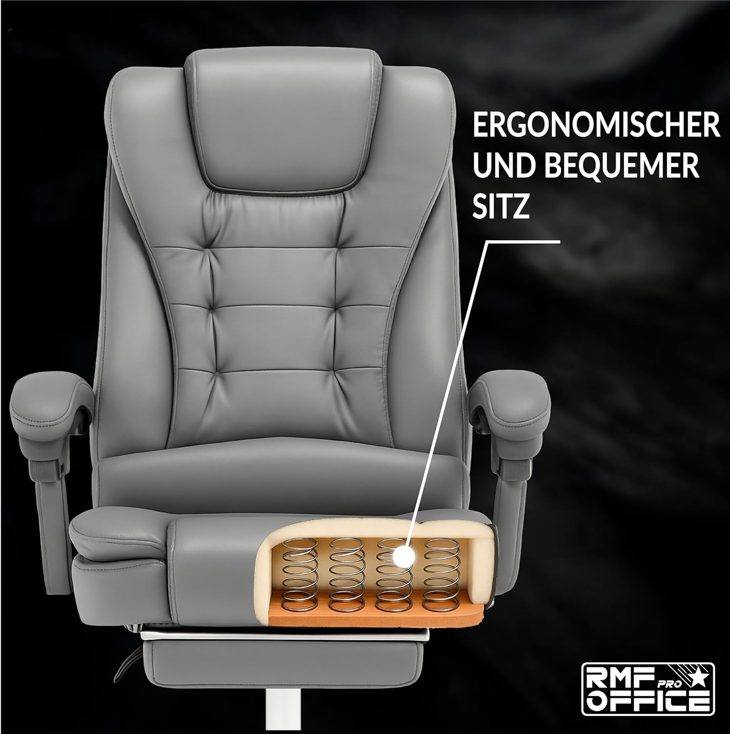RMF Ergonomischer Profi-Bürostuhl, neigbarer, bequemer und entspannender Schreibtischstuhl mit Fußstütze, Liegestuhl mit drehbaren Rädern, höhenverstellbar, Grau – Bild 5