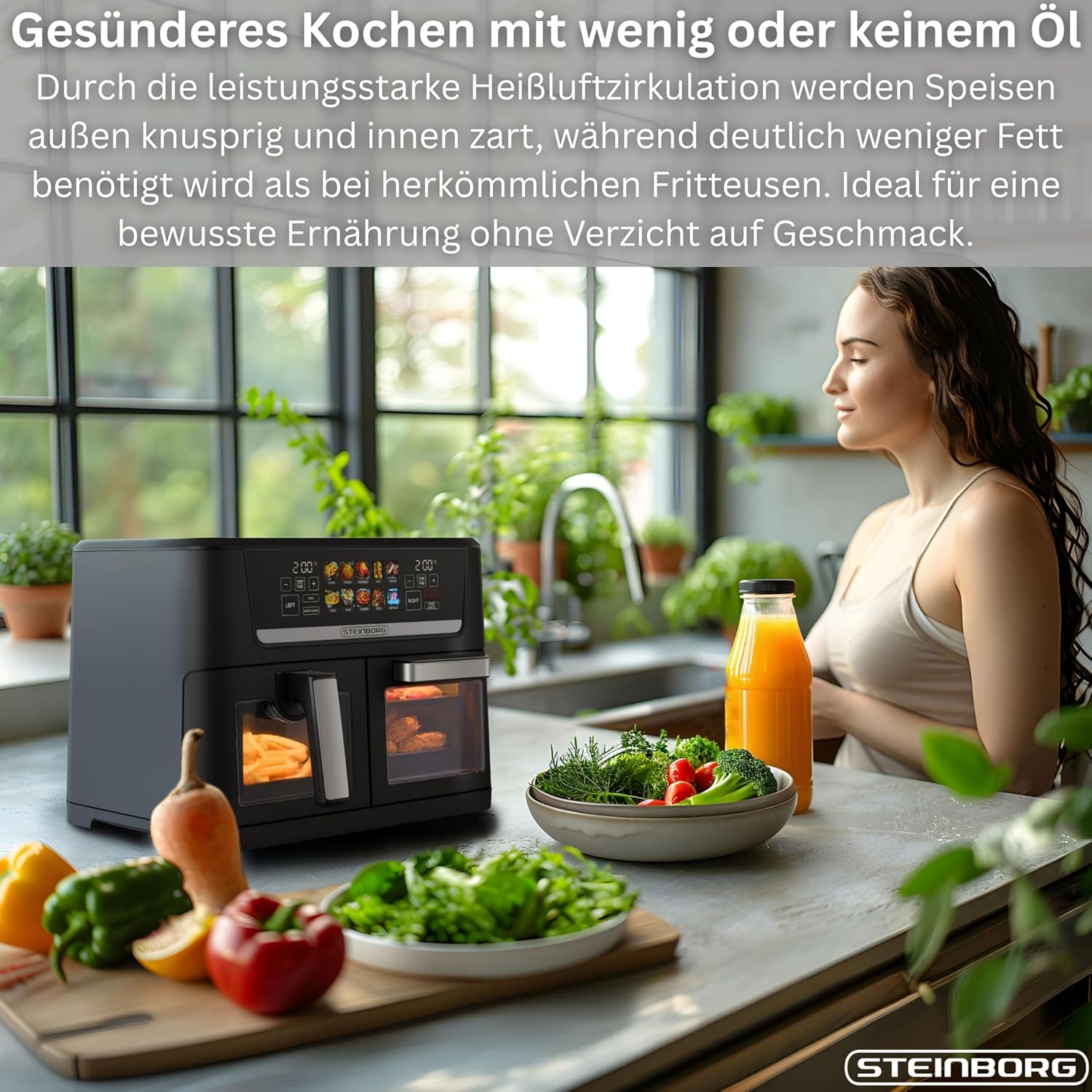 Steinborg® XXL Heißluftfritteuse, Dual-Zone, 14 Liter (8 l + 6 l), Luftfritteuse 1700 W mit 2 Kammern und 2 unabhängigen Kochzonen, Digitalanzeige, 10 Programme, 60–200 °C, Ölfrittierkorb, spülmaschinenfester Korb – Bild 7