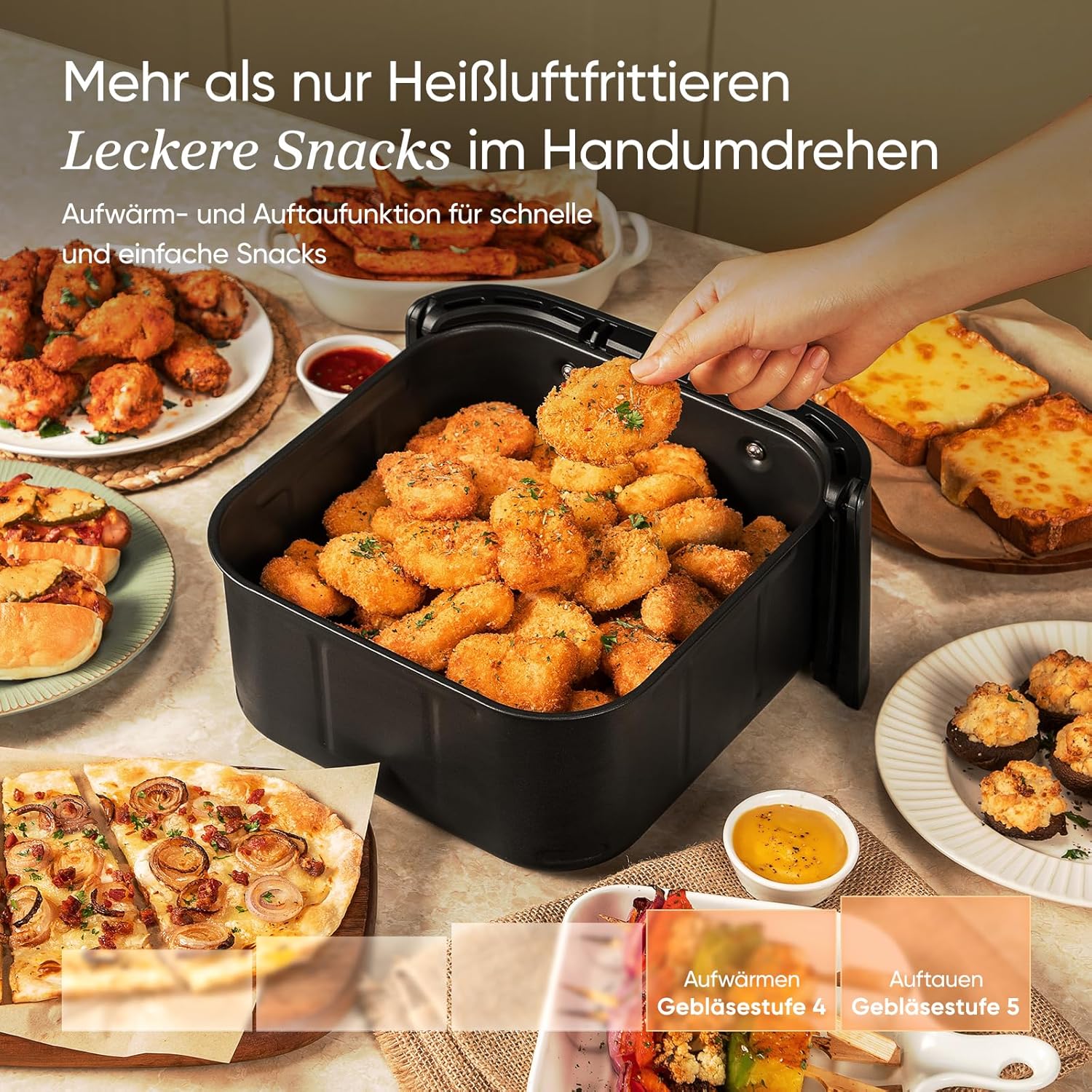 Cosori TurboBlaze Airfryer, 9-in-1-Luftfritteuse XXL 6L, leiser Gleichstrommotor mit 5 Lüftergeschwindigkeiten, Braten, Grillen, Backen, Garen, Dörren, Tiefkühlen, 87 Rezepte, 64 % Energieeinsparung, 95 % weniger Öl, gleichmäßige und knusprige Ergebnisse – Bild 6