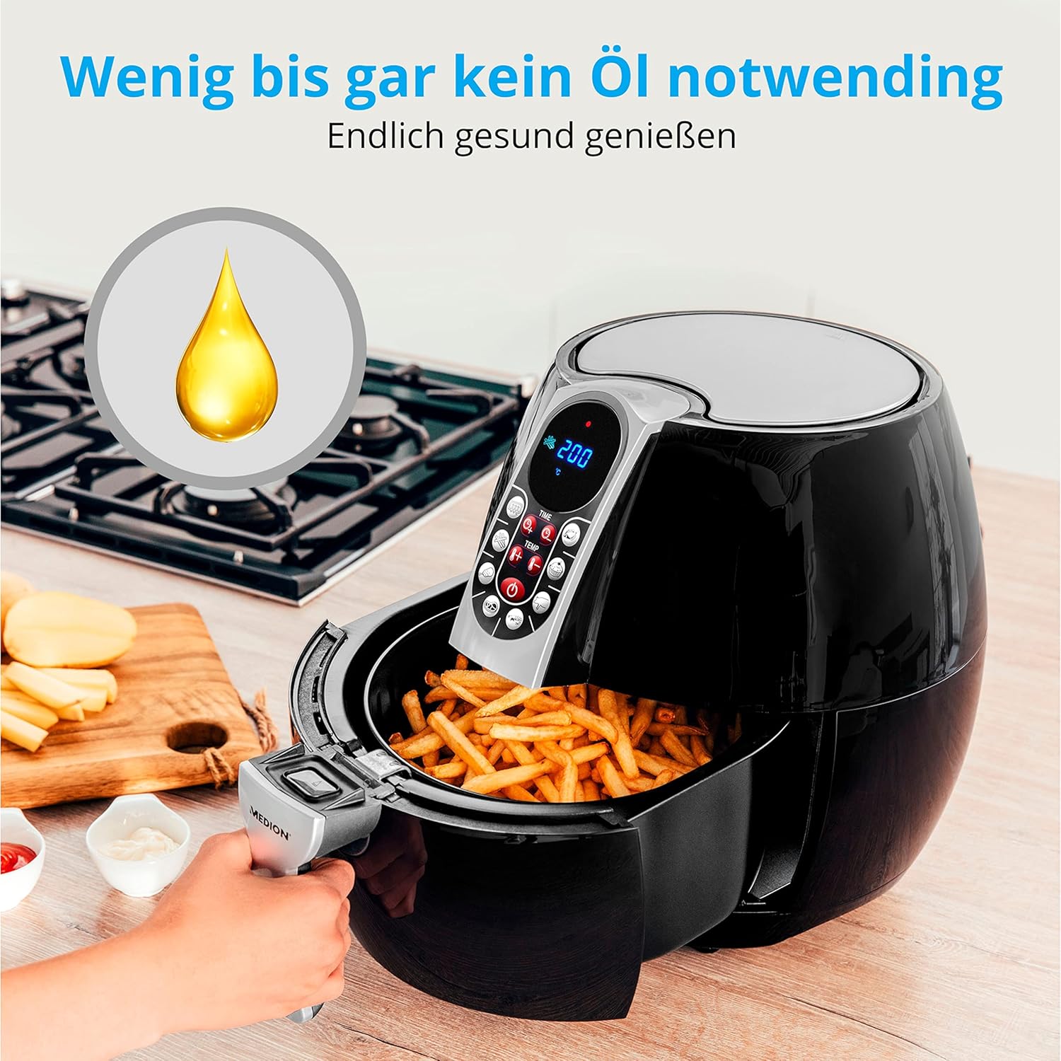 MEDION E10 S Heißluftfritteuse (Leistung ca. 1500 Watt, Airfryer, digitales Bedienfeld, Gesamtnutzinhalt 4 Liter, ölfreies Frittieren, 30-Minuten-Timer, Überhitzungsschutz, MD 17320) schwarz – Bild 4