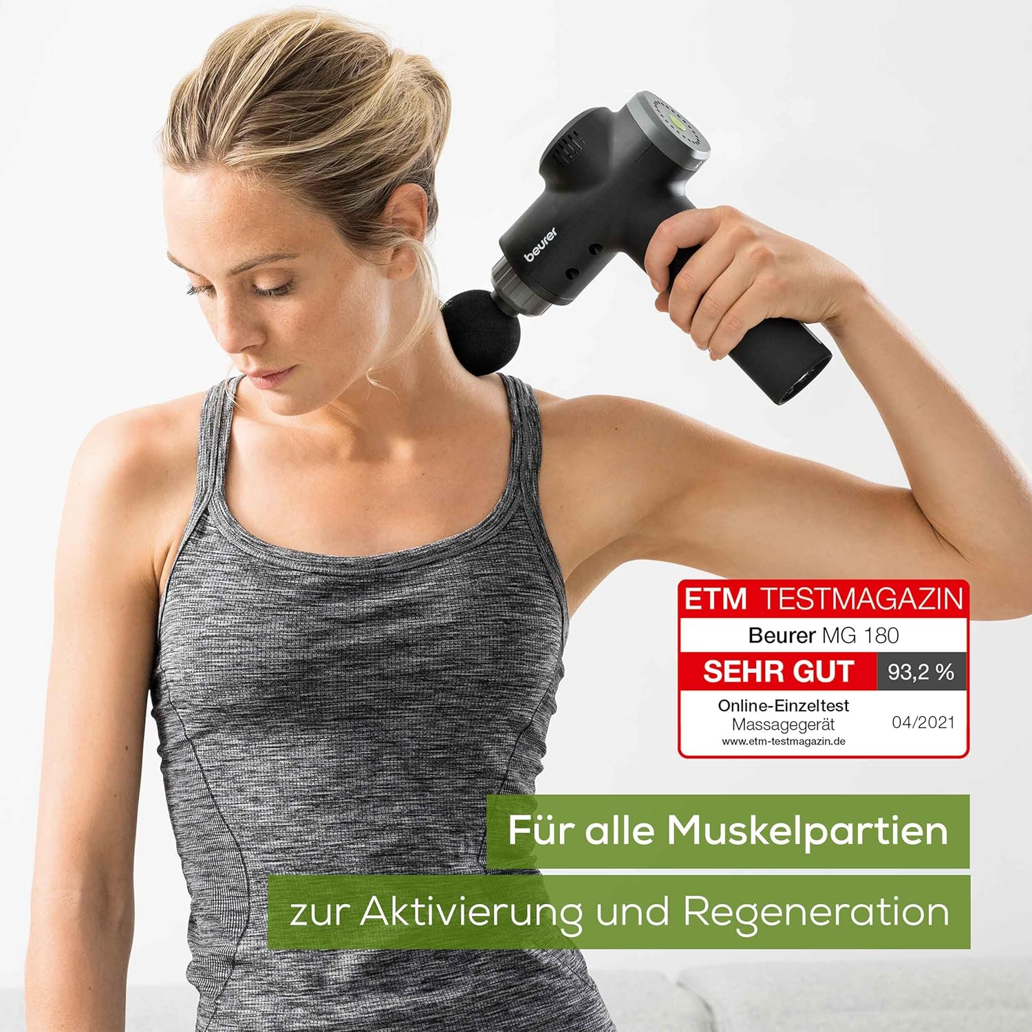 Beurer MG 180 Massagepistole, Massagepistole mit 6 Aufsätzen, 4 Intensitätsstufen für gezielte Muskelmassage, anwendbar für alle Muskelgruppen zur Aktivierung und Regeneration – Bild 5