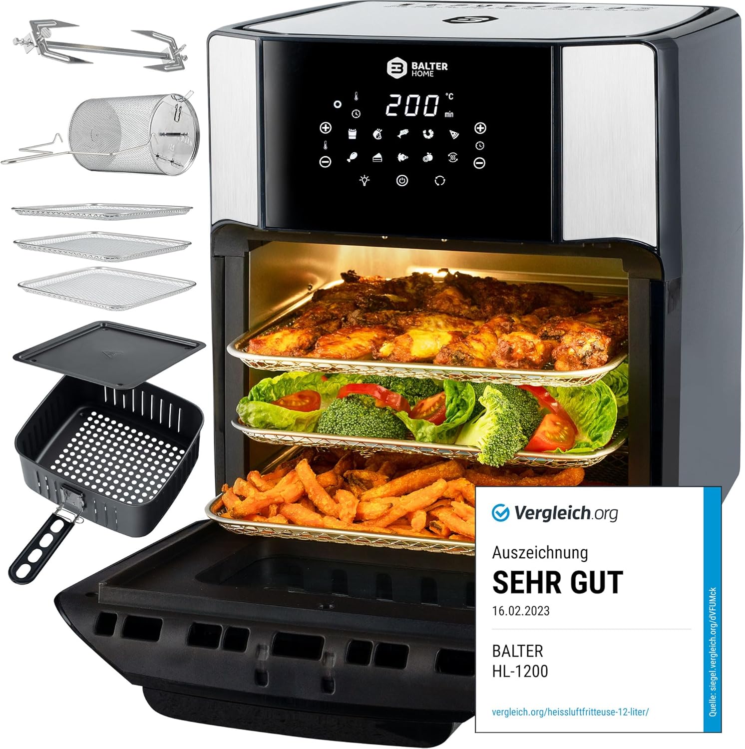 Balter Heißluftfritteuse, 12 Liter XXL, Minibackofen, Dörrgerät, Fritteuse, 10 Programme, All-In-1-Luftfritteuse, Rezeptbuch, HL-1200