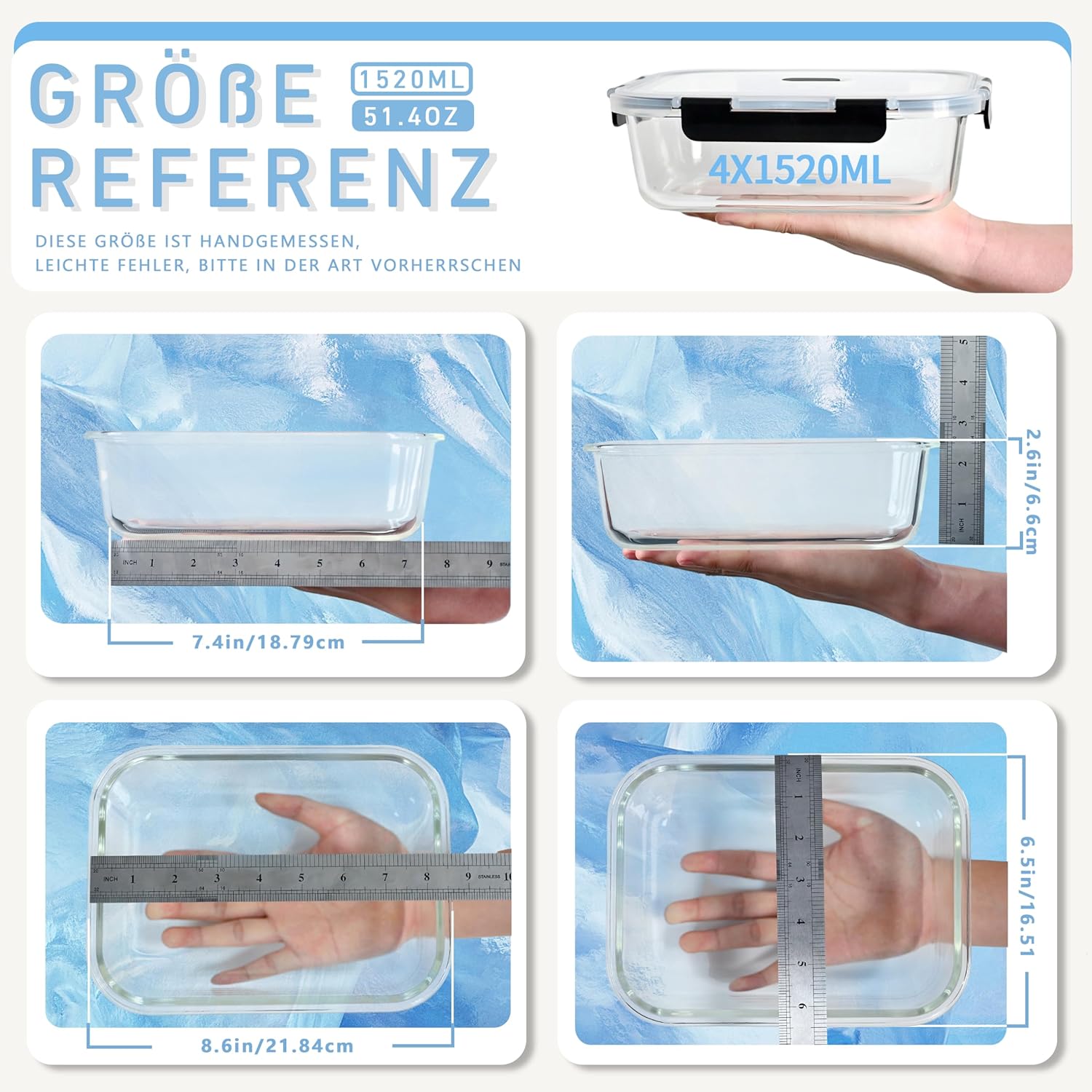 ERUIV Meal Prep Boxen Glas, (4 Behälter + 4 Deckel) Meal Prep Glas 1520 ml, Frischhaltedosen Glas, Gefrierbehälter Set mit Dampfventil, Glasdose transparent mit Deckel, BPA-freies Vorratsdose Glas – Bild 2