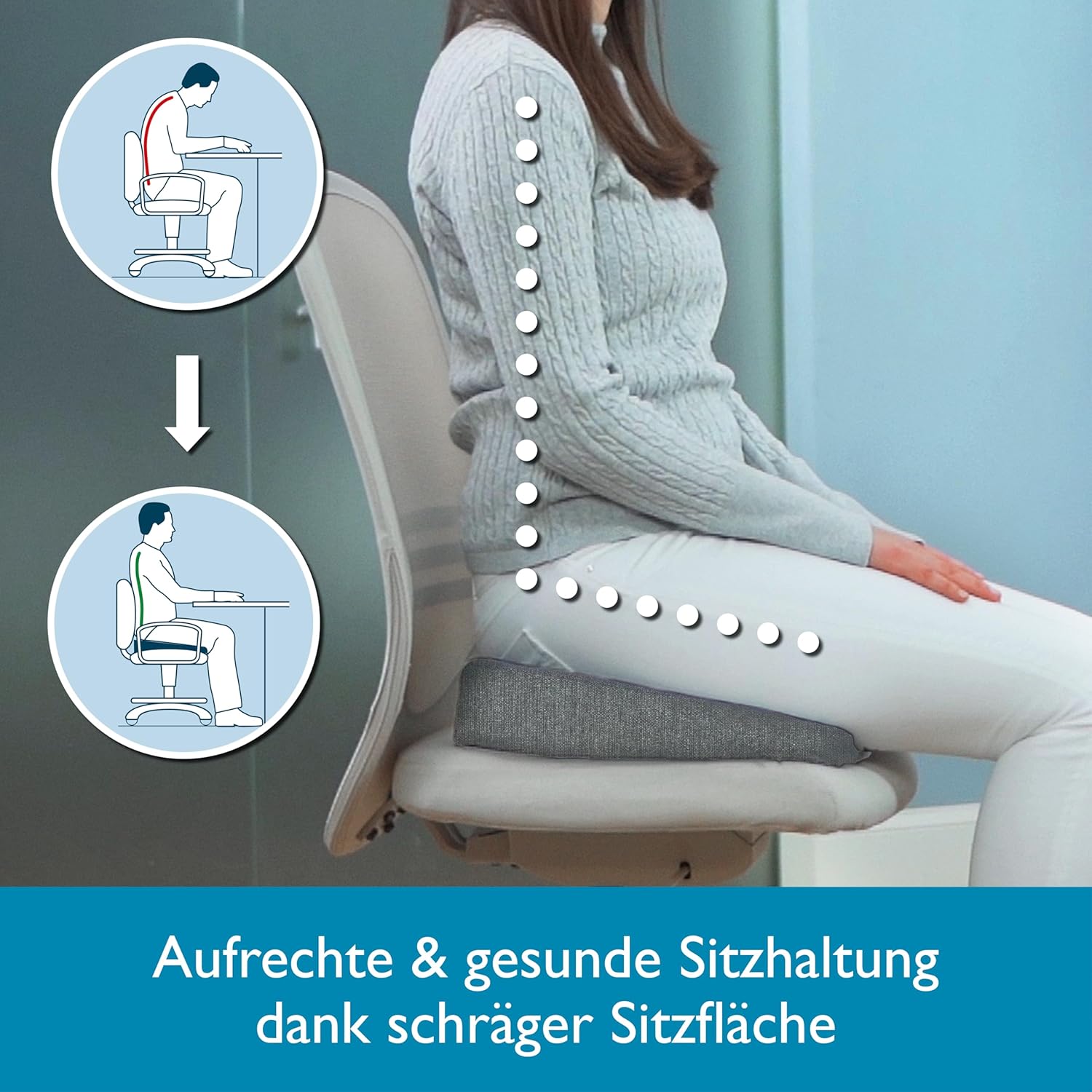 Beautissu Sitzkeilkissen, formstabil, rutschfester Bezug, waschbar & Reißverschluss – ergonomisches Sitzkissen, Keilkissen für Stuhl, Zuhause, Büro, Büro, Stuhlkissen, Büro, hellgrau – BeauErgo – Bild 4