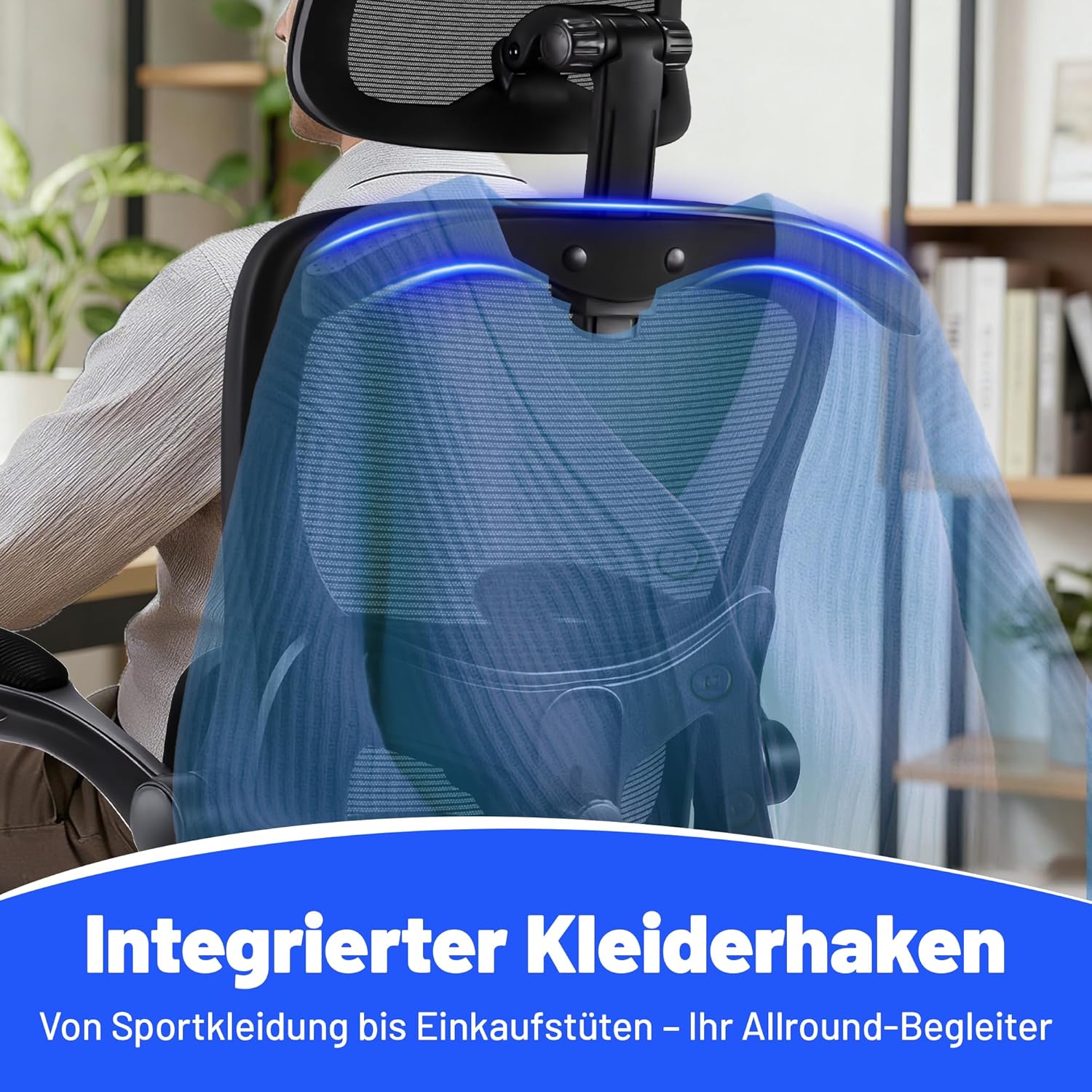 Ergonomischer Bürostuhl mit Kopfstütze, verstellbarer Lordosenstütze & Netzbezug, höhenverstellbarer Drehstuhl bis 150 kg, Computerstuhl ideal für Büro und Home Office, Schwarz – Bild 9