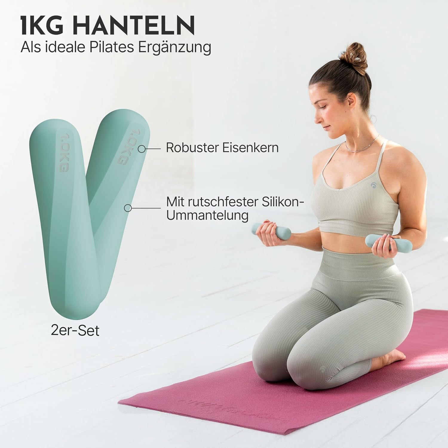 NEOLYMP Pilates-Hanteln 1 kg – rutschfestes Silikon-Hantel-Set – ergonomische Hanteln 2er-Set für Pilates, Yoga & Heimtraining – kleine Hanteln für Frauen – Bild 2